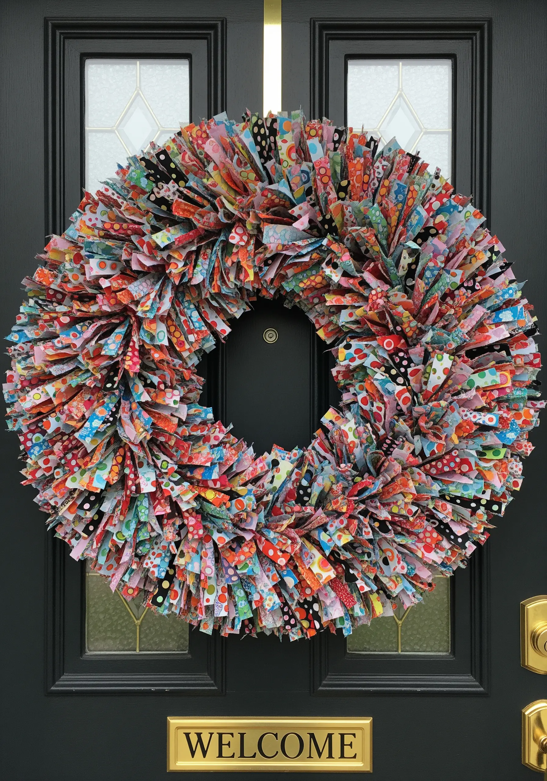 A vibrant, multicolored wreath made from tied strips of patterned fabric hanging on a door.