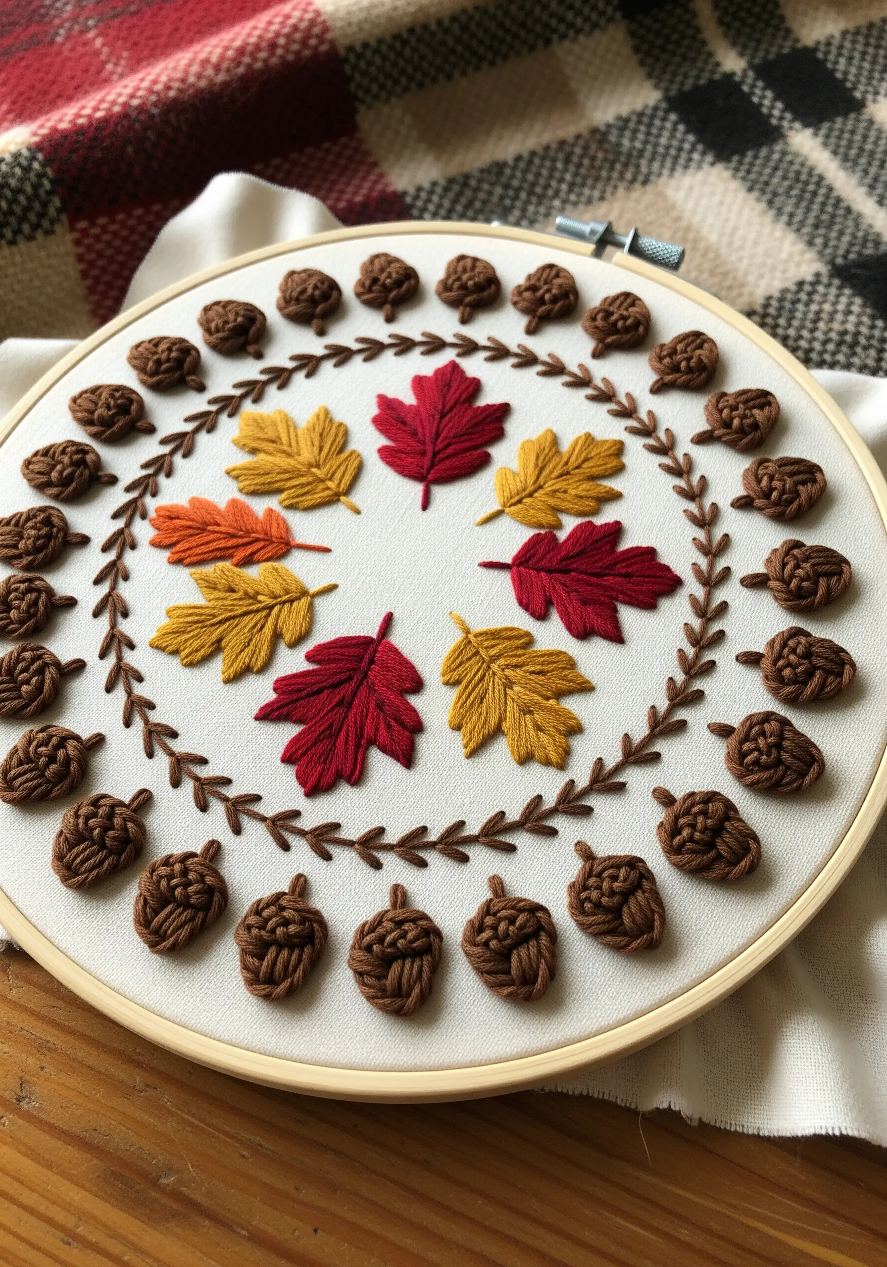 An autumn wreath mandala with dimensional stitched acorns and fishbone stitch leaves on white fabric.