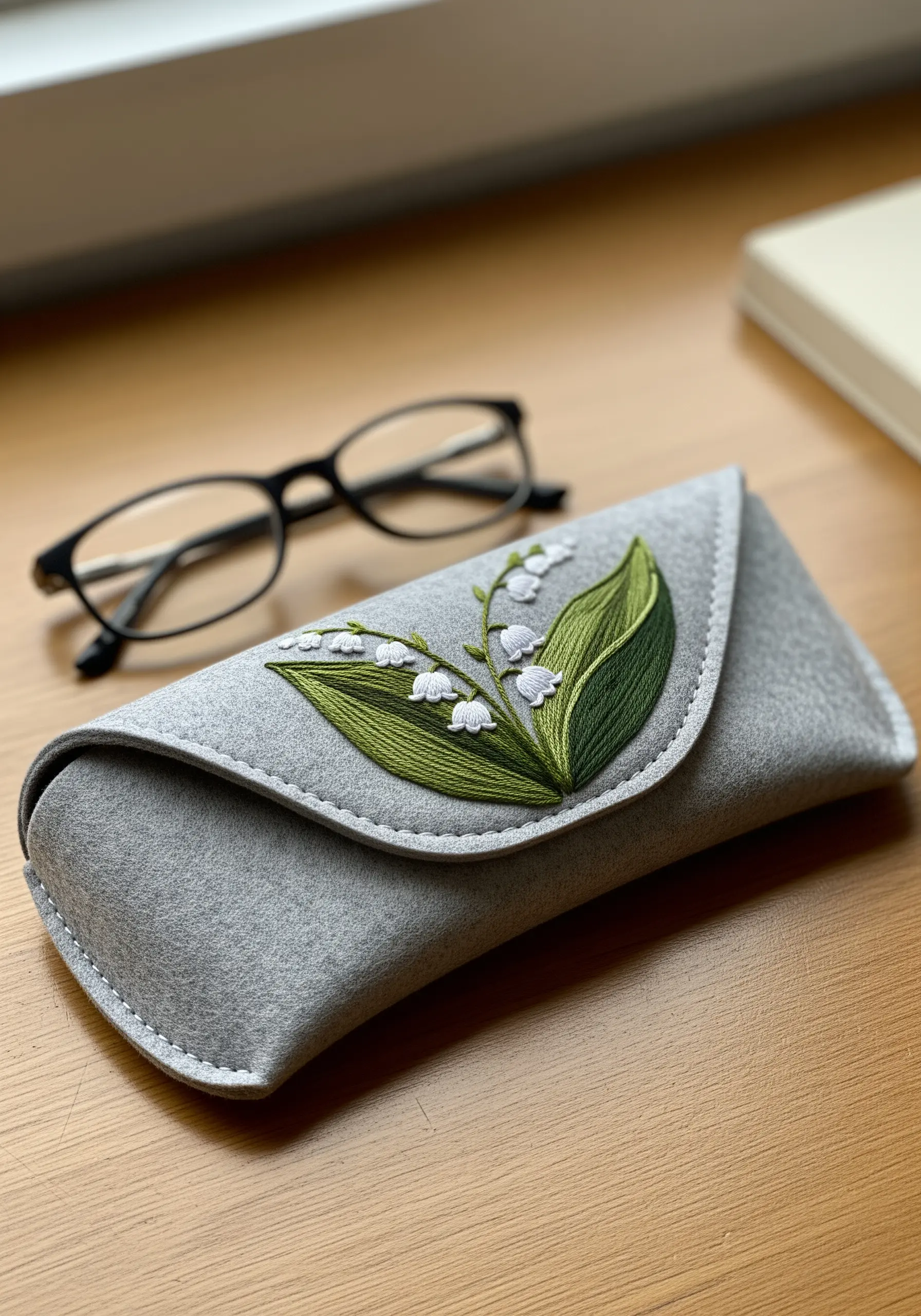A gray felt glasses case decorated with an elegant embroidery of lily-of-the-valley.