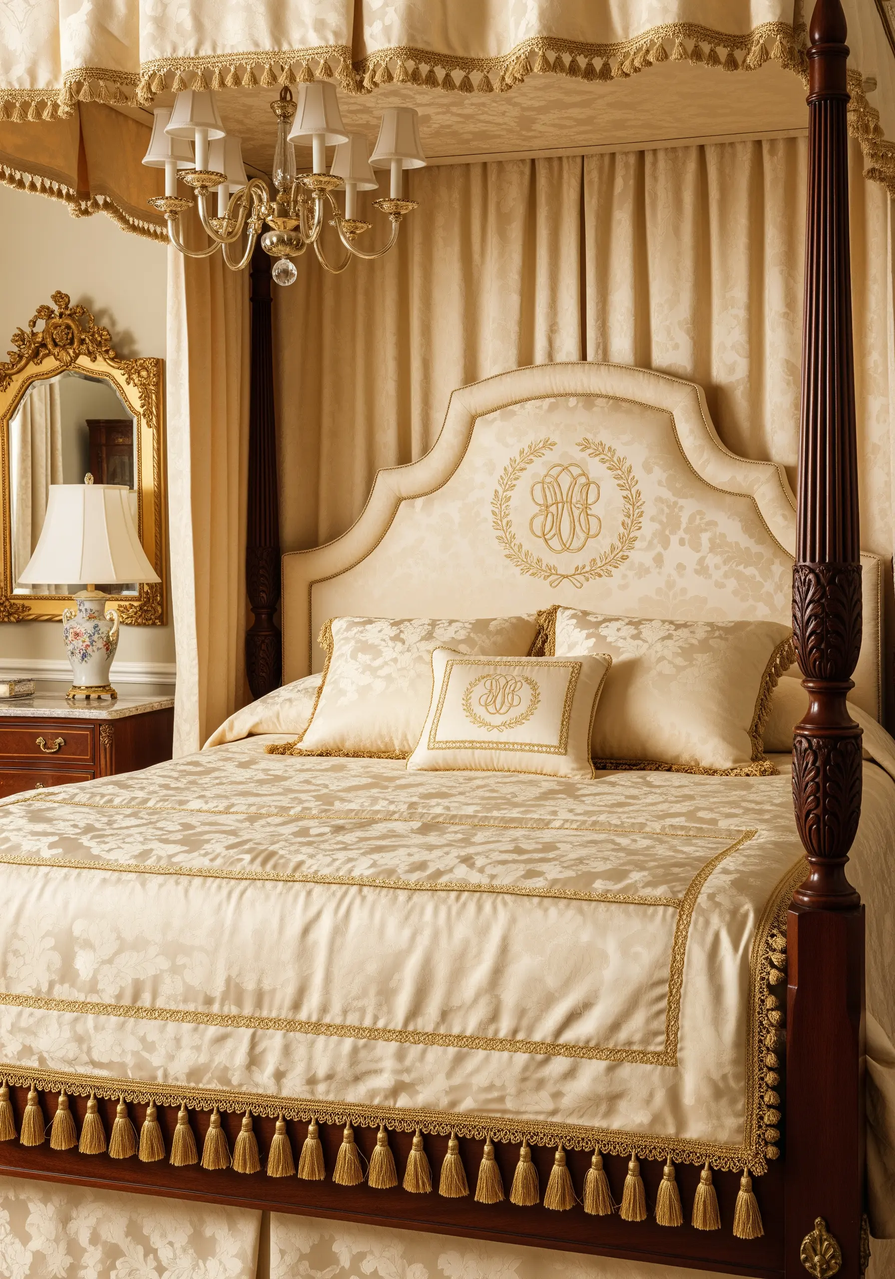 An elegant, raised white monogram stitched on a damask fabric headboard.