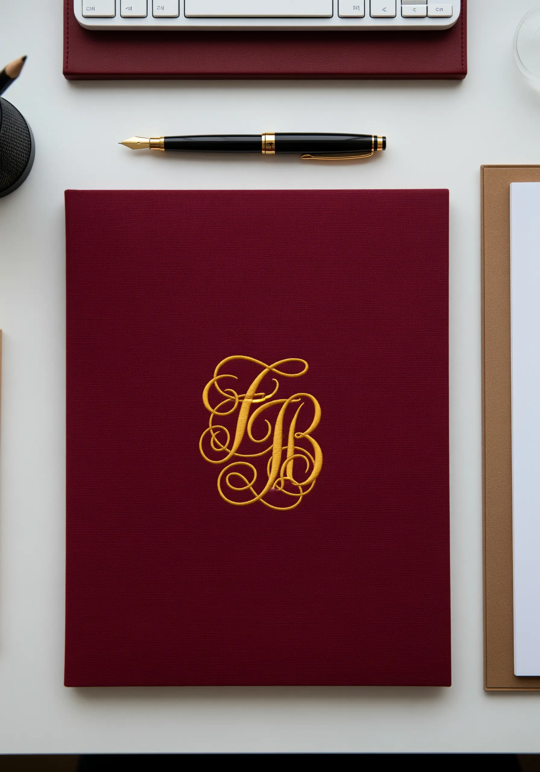 A sophisticated gold embroidered 'FB' monogram on a burgundy fabric folio.