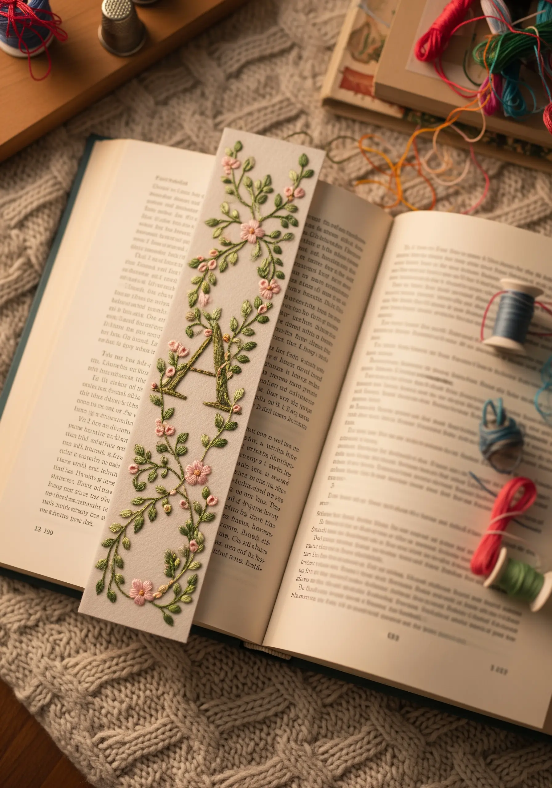 An elegant embroidered bookmark with a floral vine wrapping around the letter 'A'.