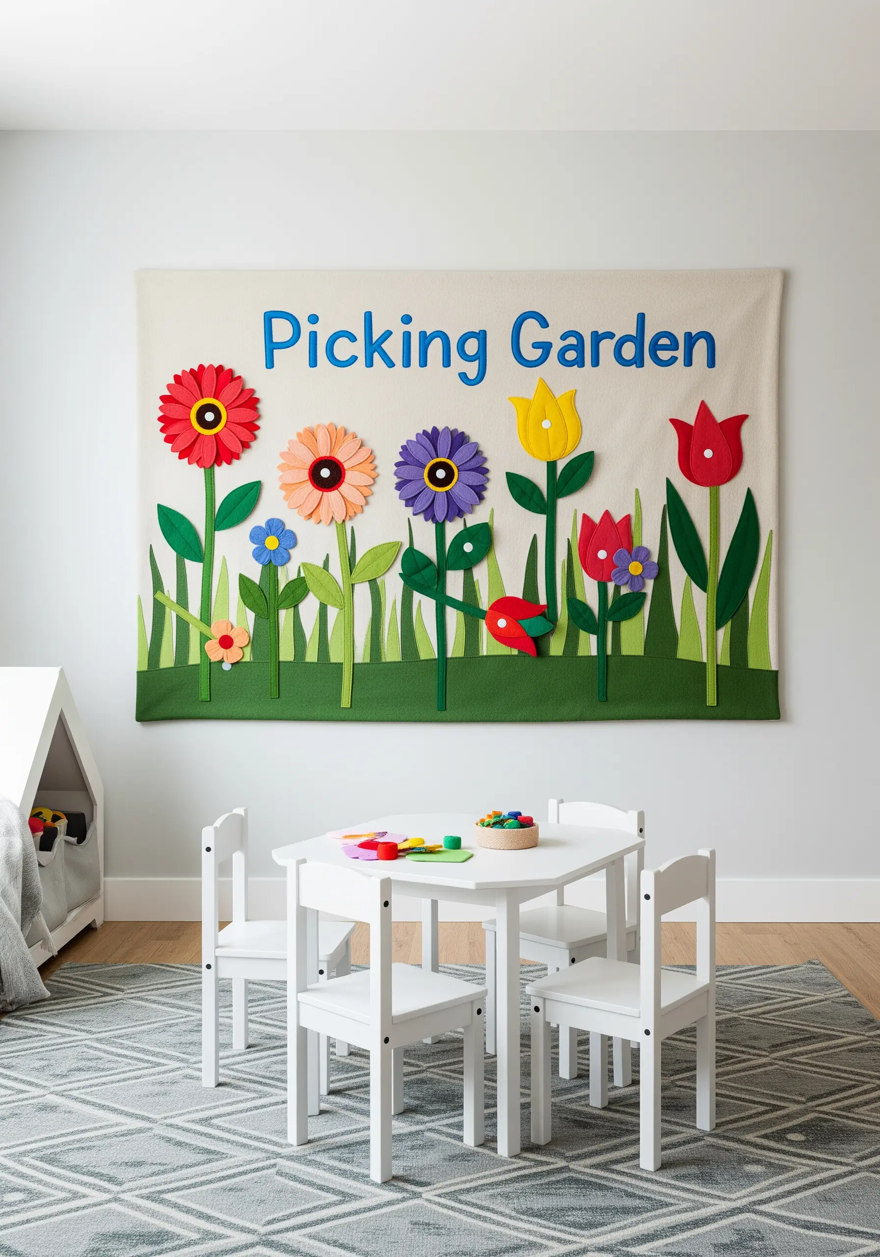 A large felt wall hanging that says 