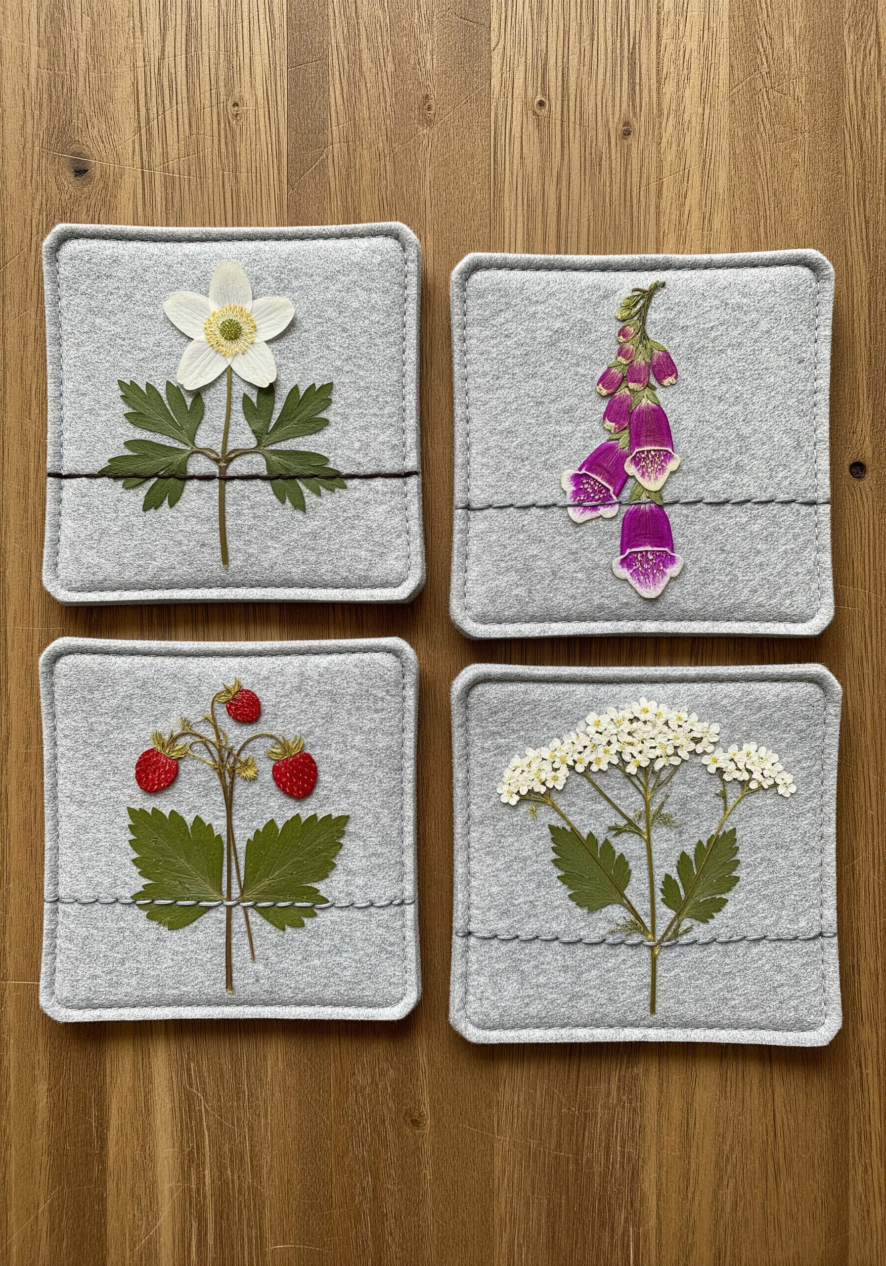 Four gray felt coasters, each featuring a different pressed wildflower secured with stitching.