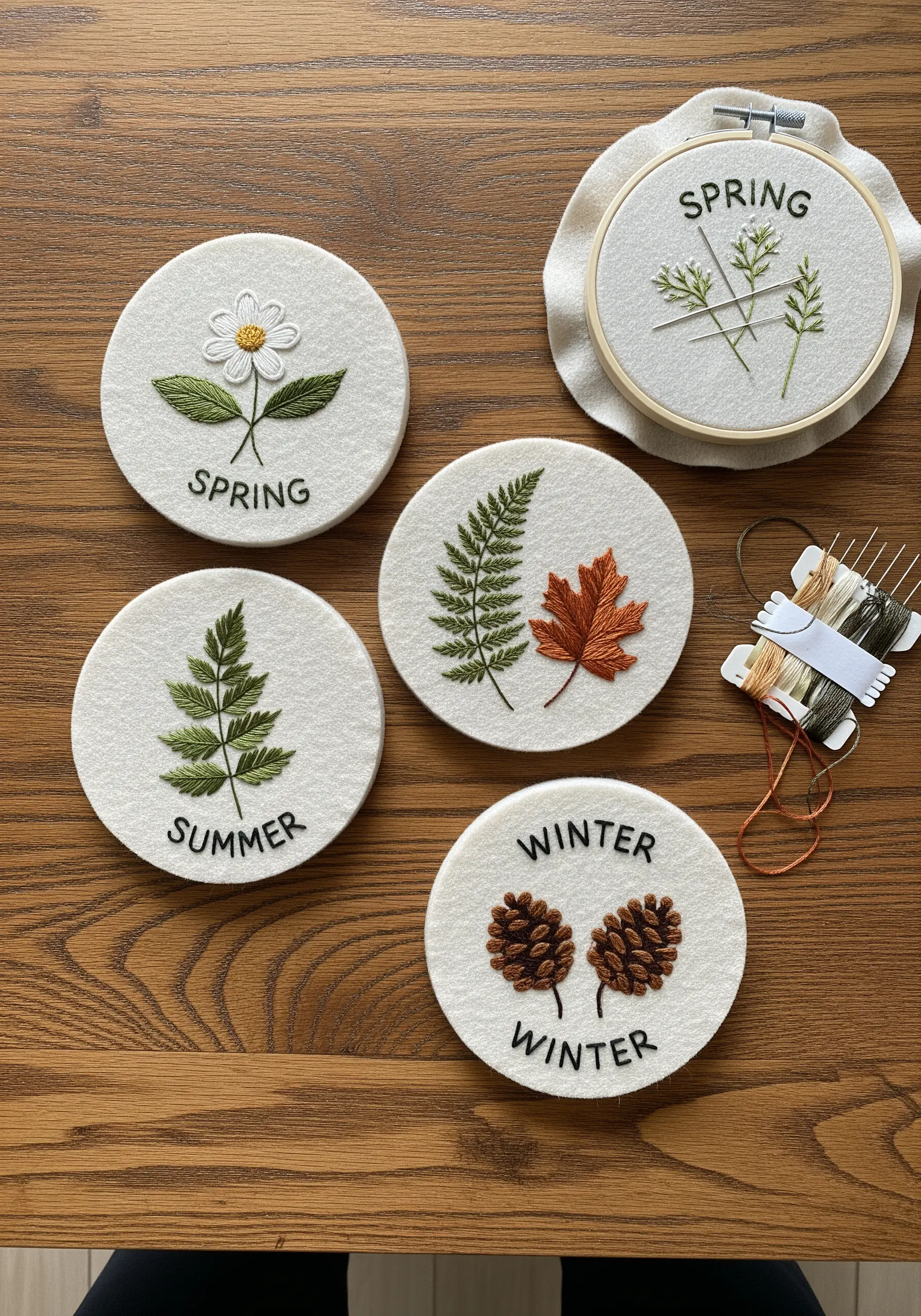 Four embroidered felt coasters with seasonal botanicals: spring, summer, autumn, winter.