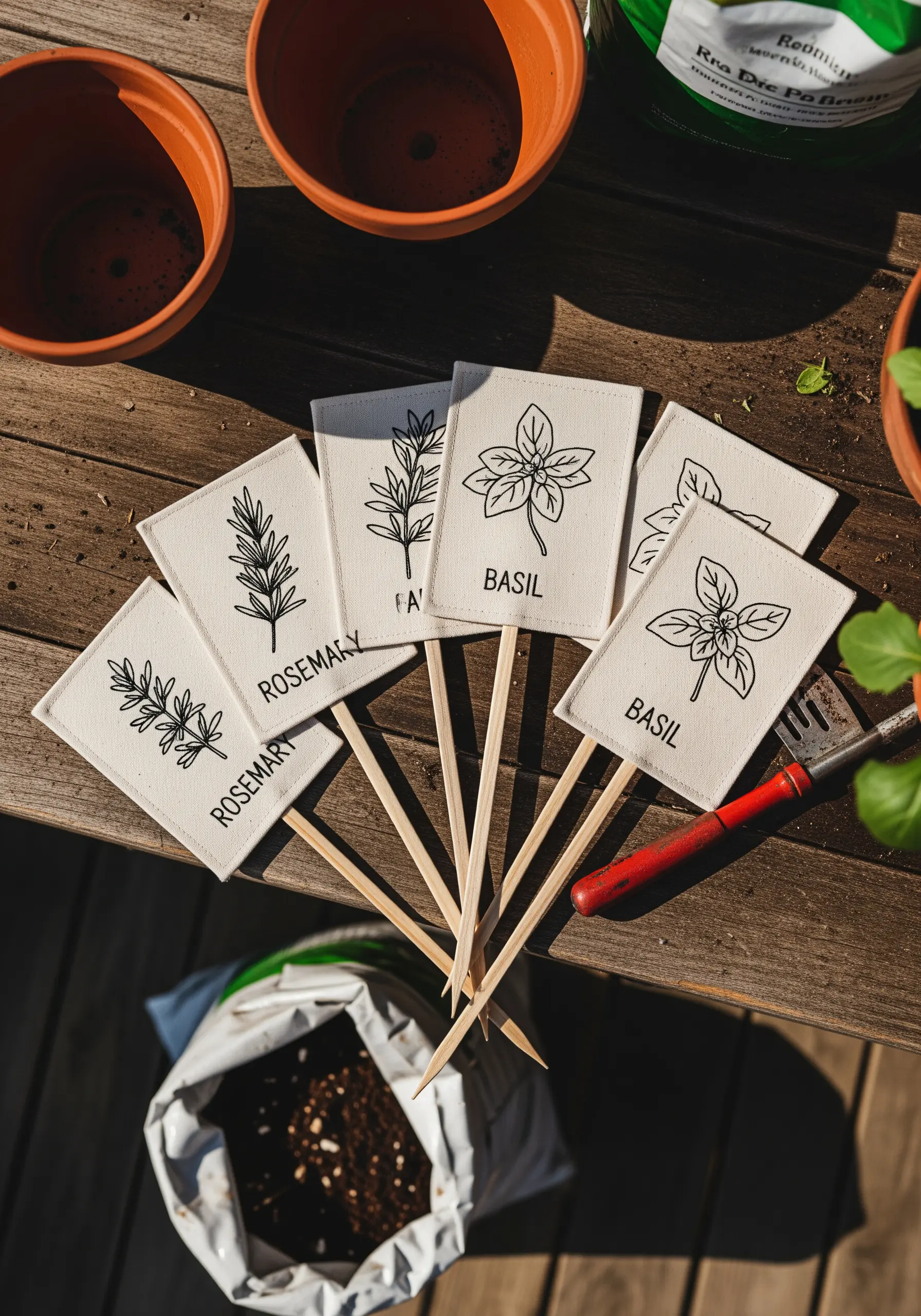 A set of handmade fabric garden markers with embroidered herbs like rosemary and basil.