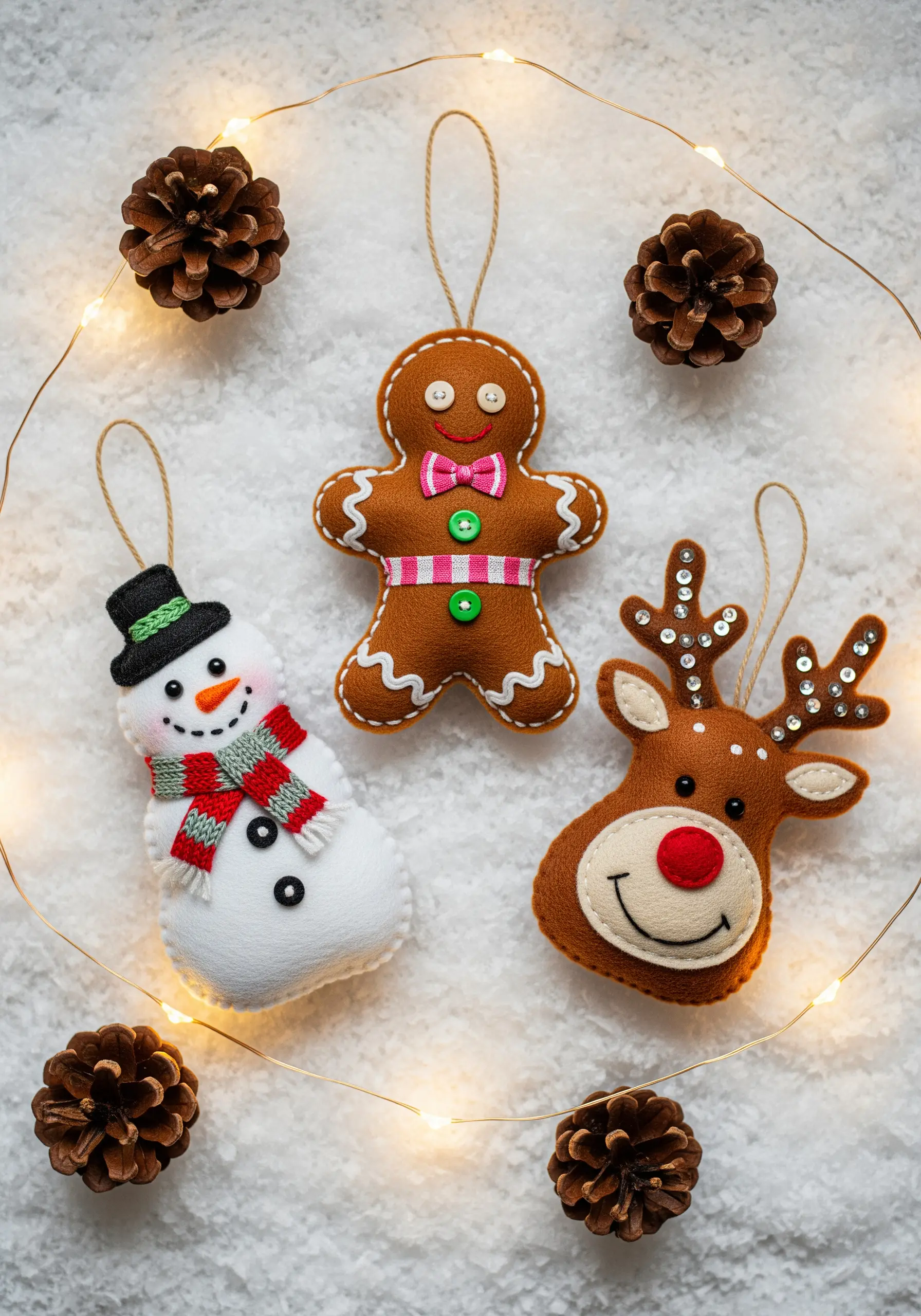 A set of handmade felt Christmas ornaments: a snowman, a gingerbread man, and a reindeer.