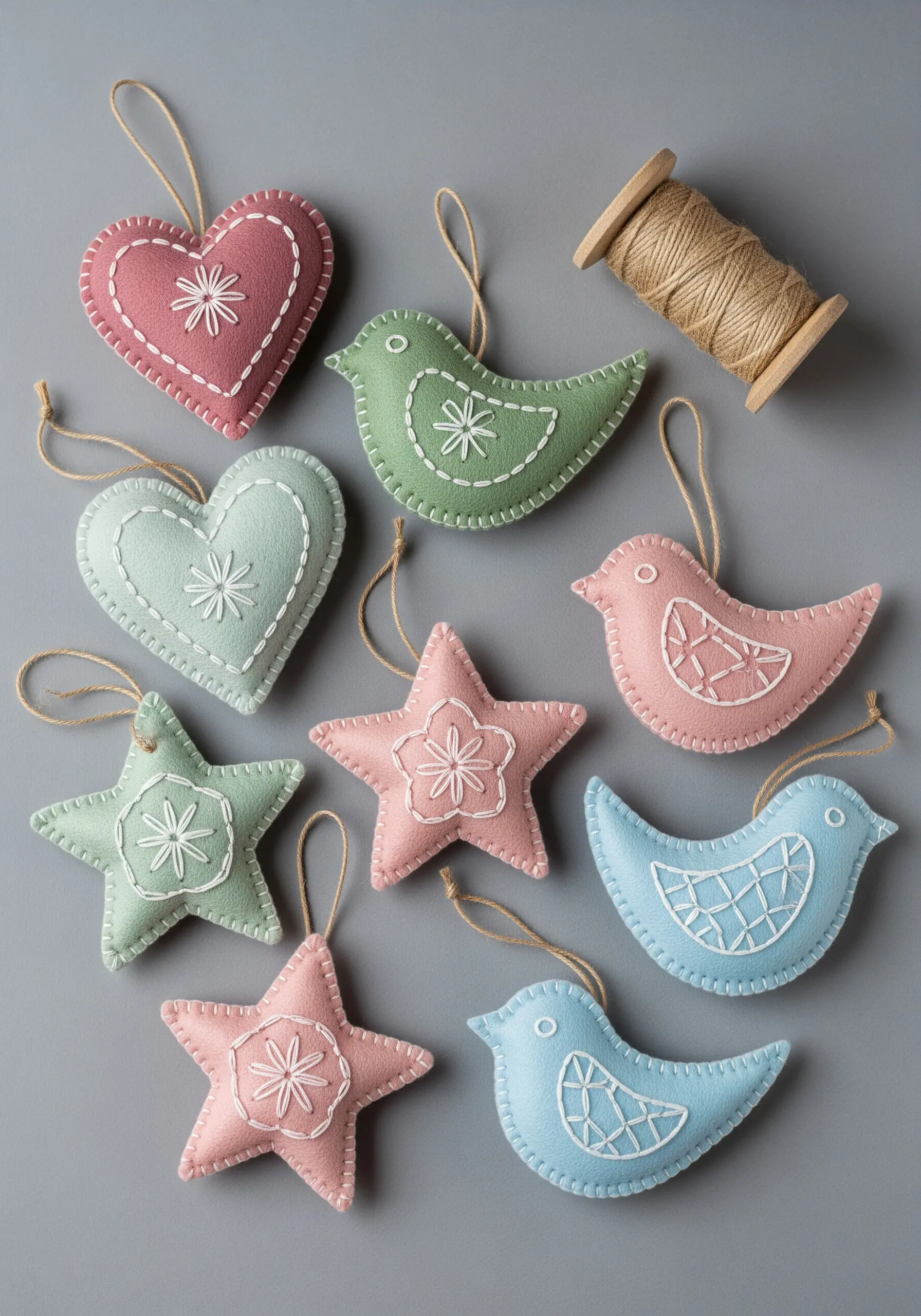 A collection of handmade felt ornaments in pastel colors, shaped like hearts, stars, and birds.