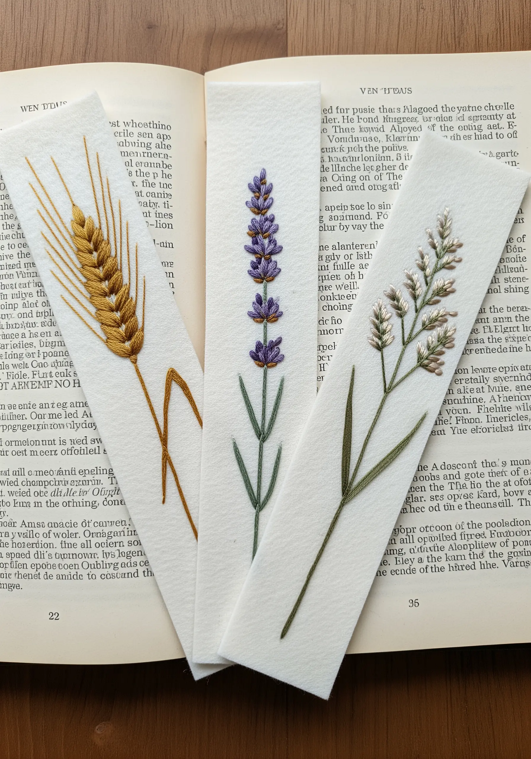 Three embroidered bookmarks featuring wheat, lavender, and a grass stem, resting on an open book.