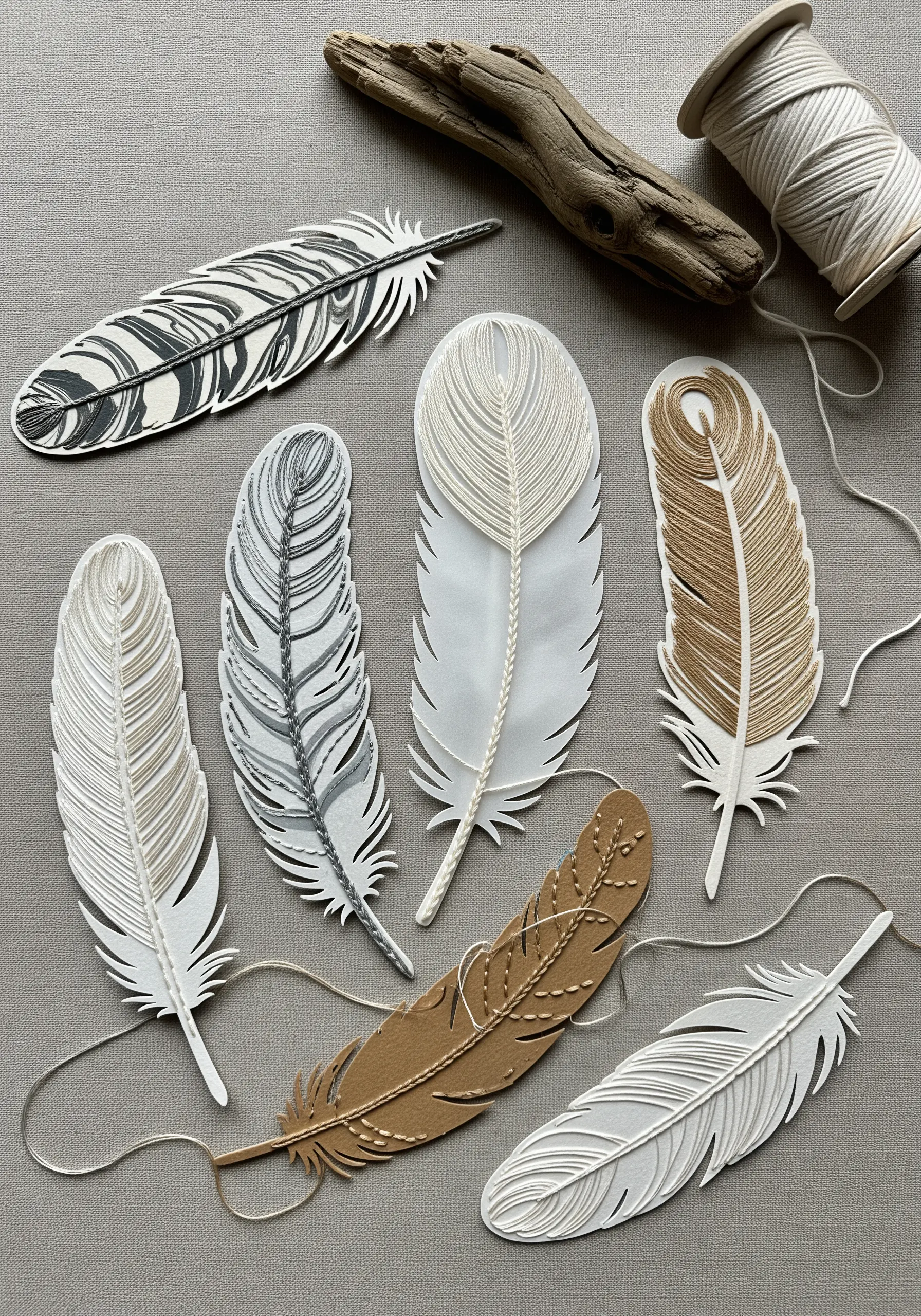 Several feathers crafted from paper and wrapped with fine thread in neutral tones.
