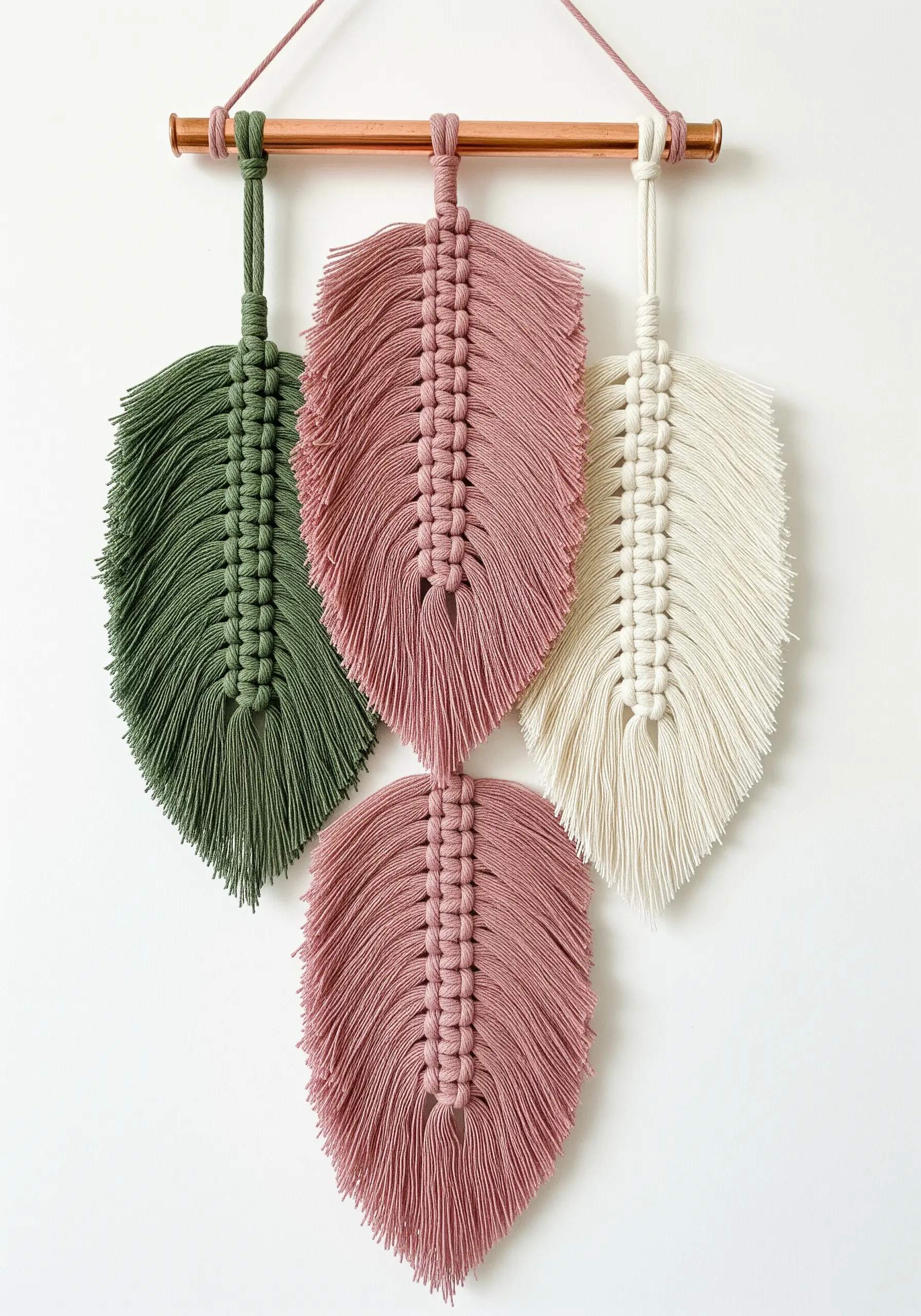 Four macrame feathers in green, pink, and cream, with combed-out, soft edges.