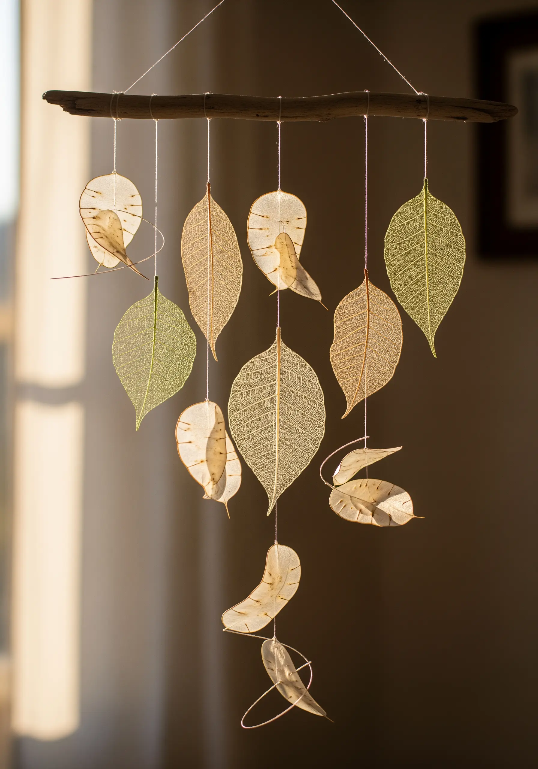 A delicate mobile made of translucent skeleton leaves and thin wire hanging from a branch.