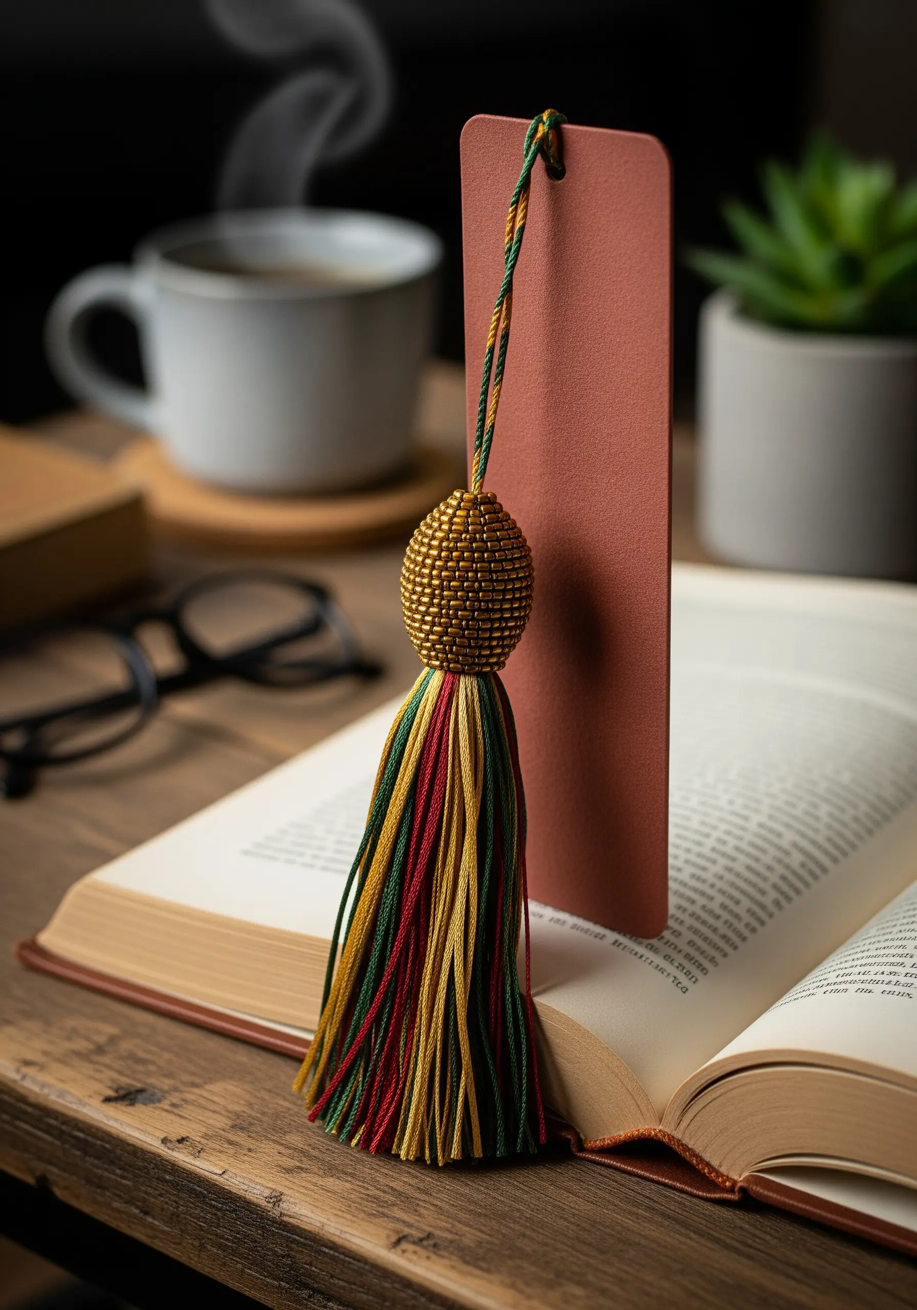 A bookmark with a large, multi-colored tassel topped with an intricate gold beaded sphere.