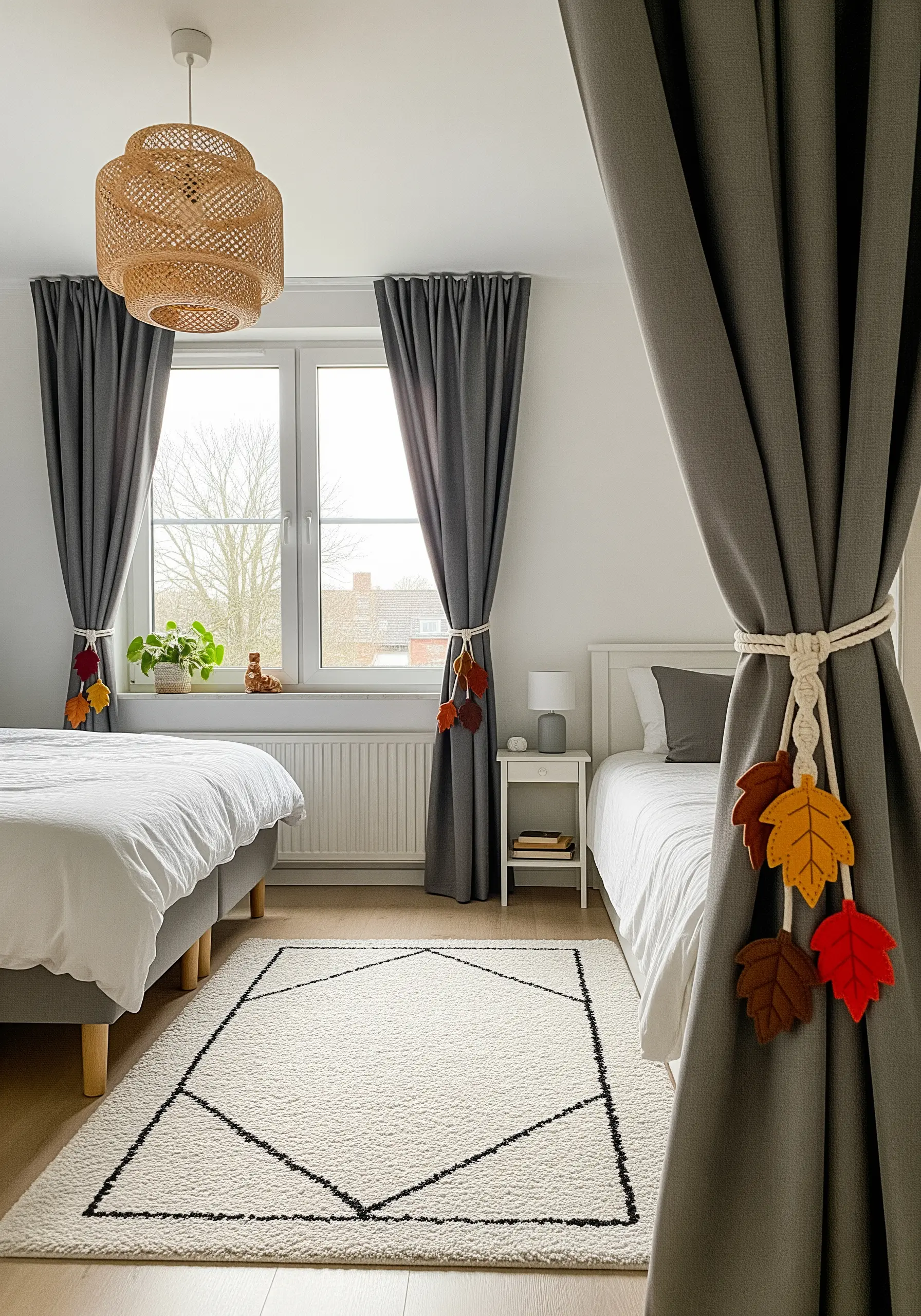 A macrame curtain tie-back decorated with hand-stitched felt leaves in autumn colors