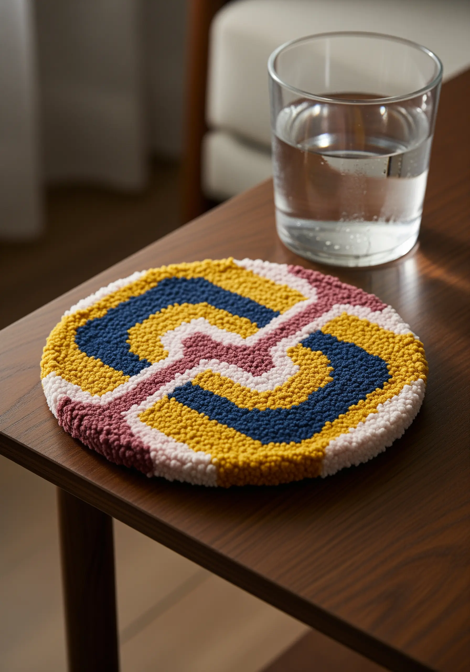 A round punch needle coaster with a bold, colorful geometric pattern.