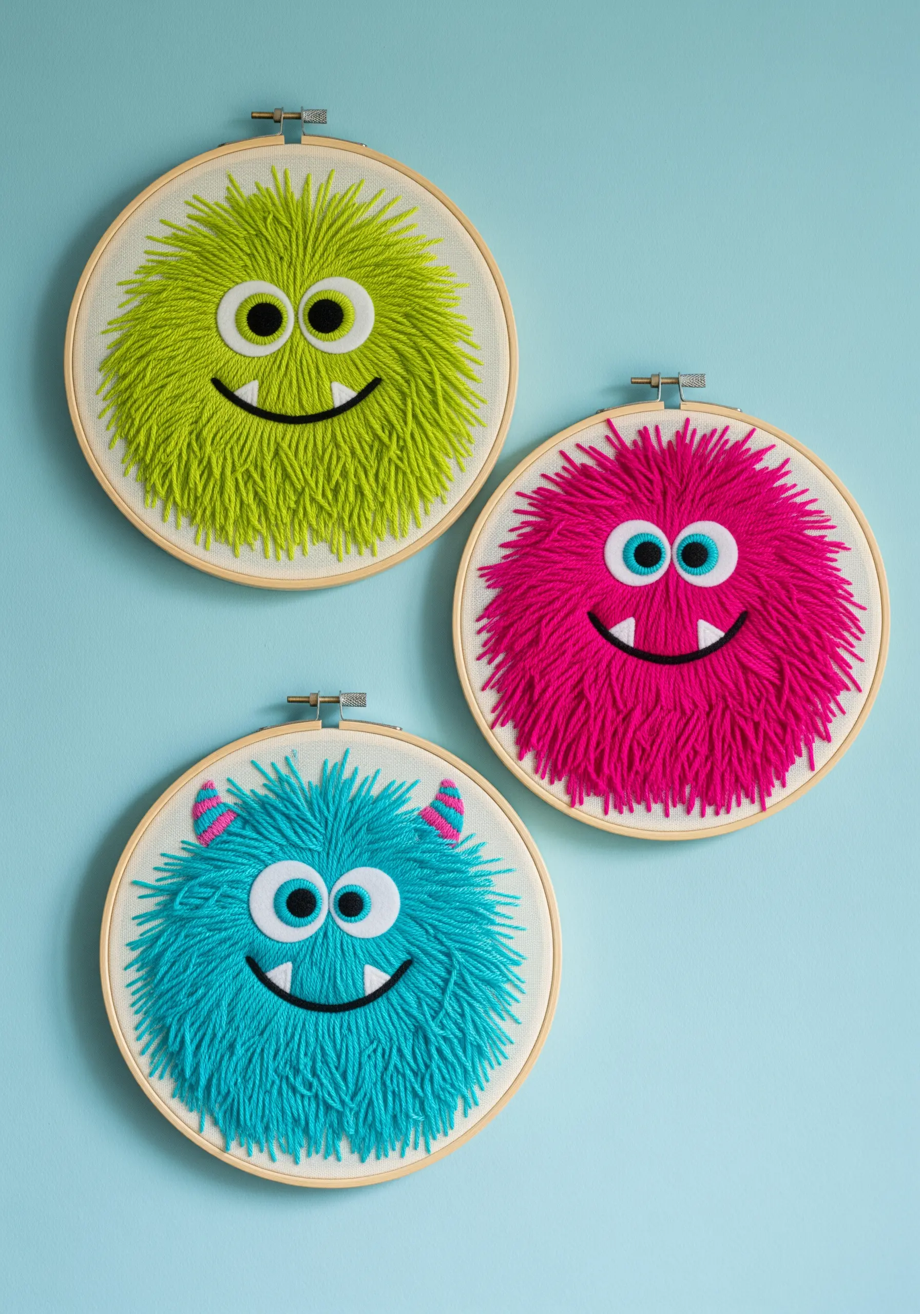 Three embroidery hoops, each featuring a brightly colored, fluffy monster made with Turkey work stitch.