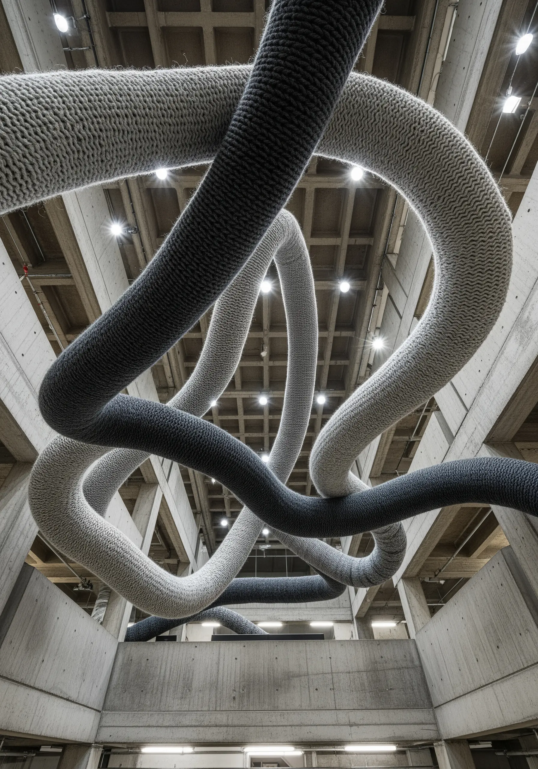 Large, interwoven knitted tubes in shades of grey, suspended from a concrete ceiling in a modern space.