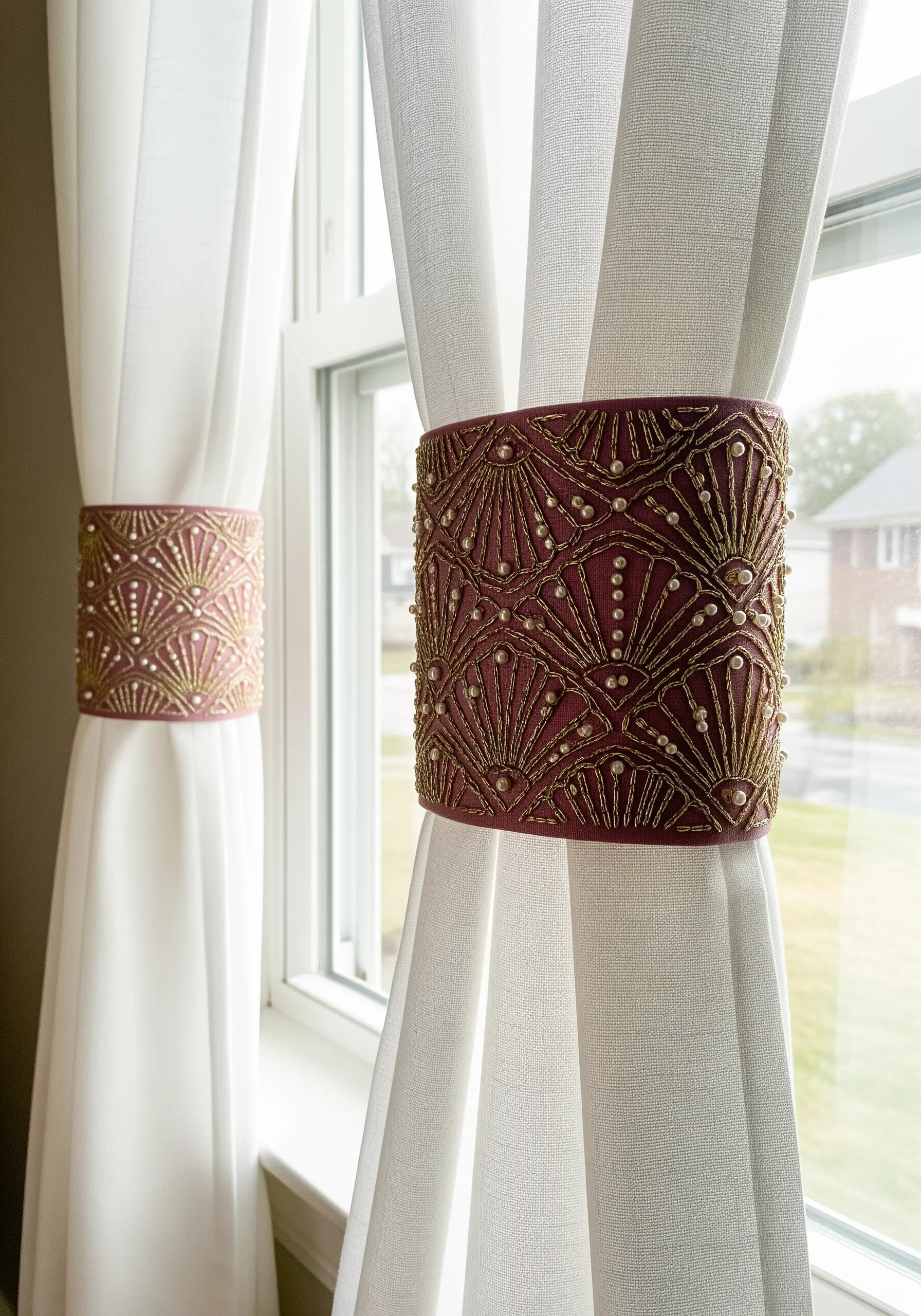 Art-deco style beaded and embroidered curtain tie-backs in pink and gold with pearls.