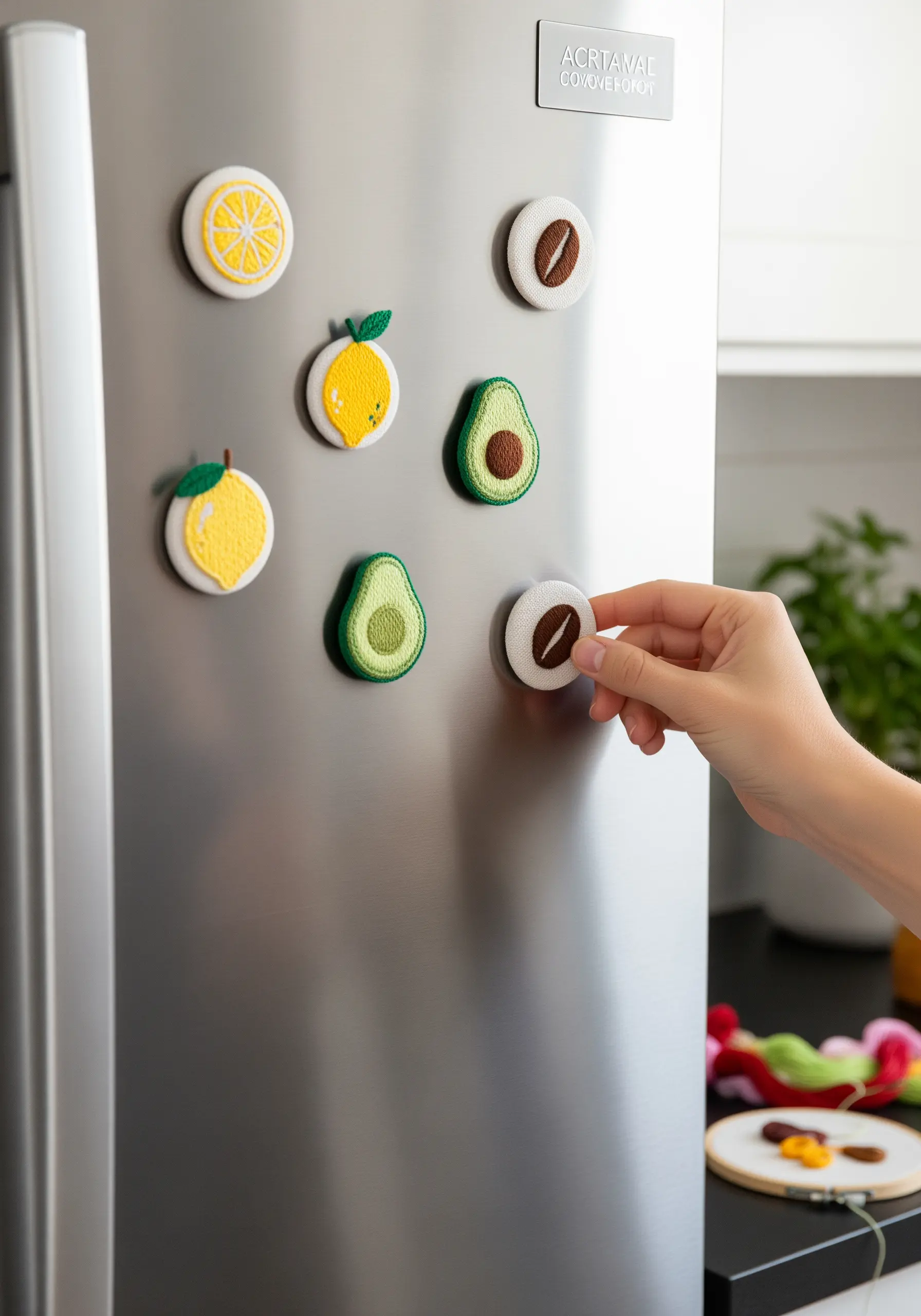 Small embroidered magnets shaped like lemons, avocados, and coffee beans on a refrigerator.