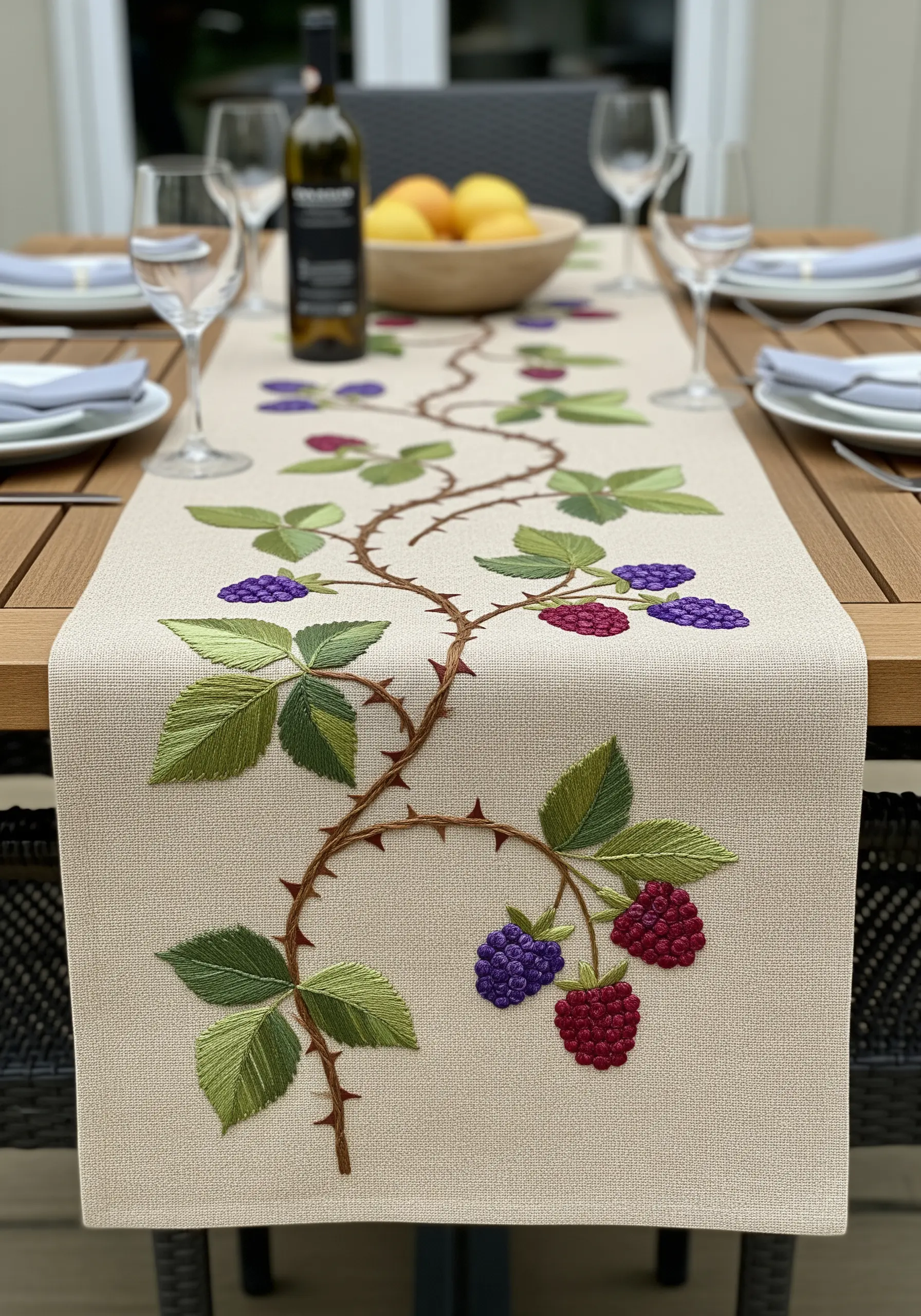 A table runner with an embroidered design of a thorny blackberry vine with berries and leaves.