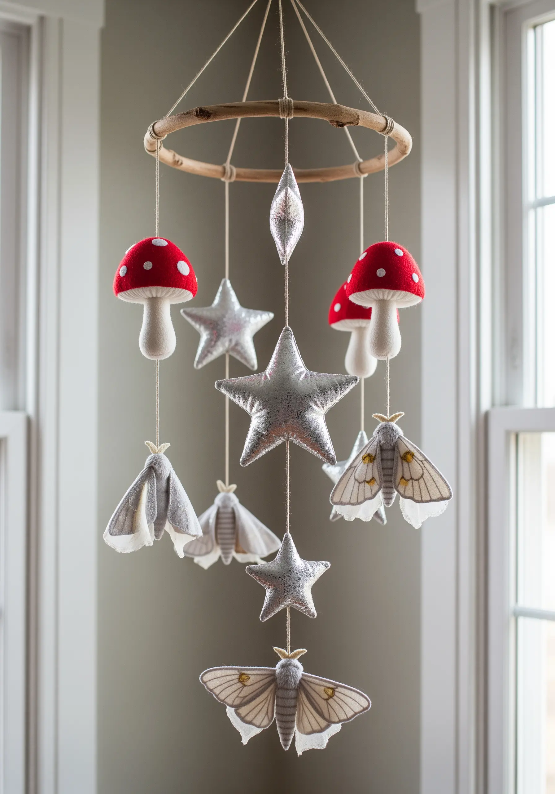 A nursery mobile with plush, hand-stitched felt mushrooms, stars, and moths.