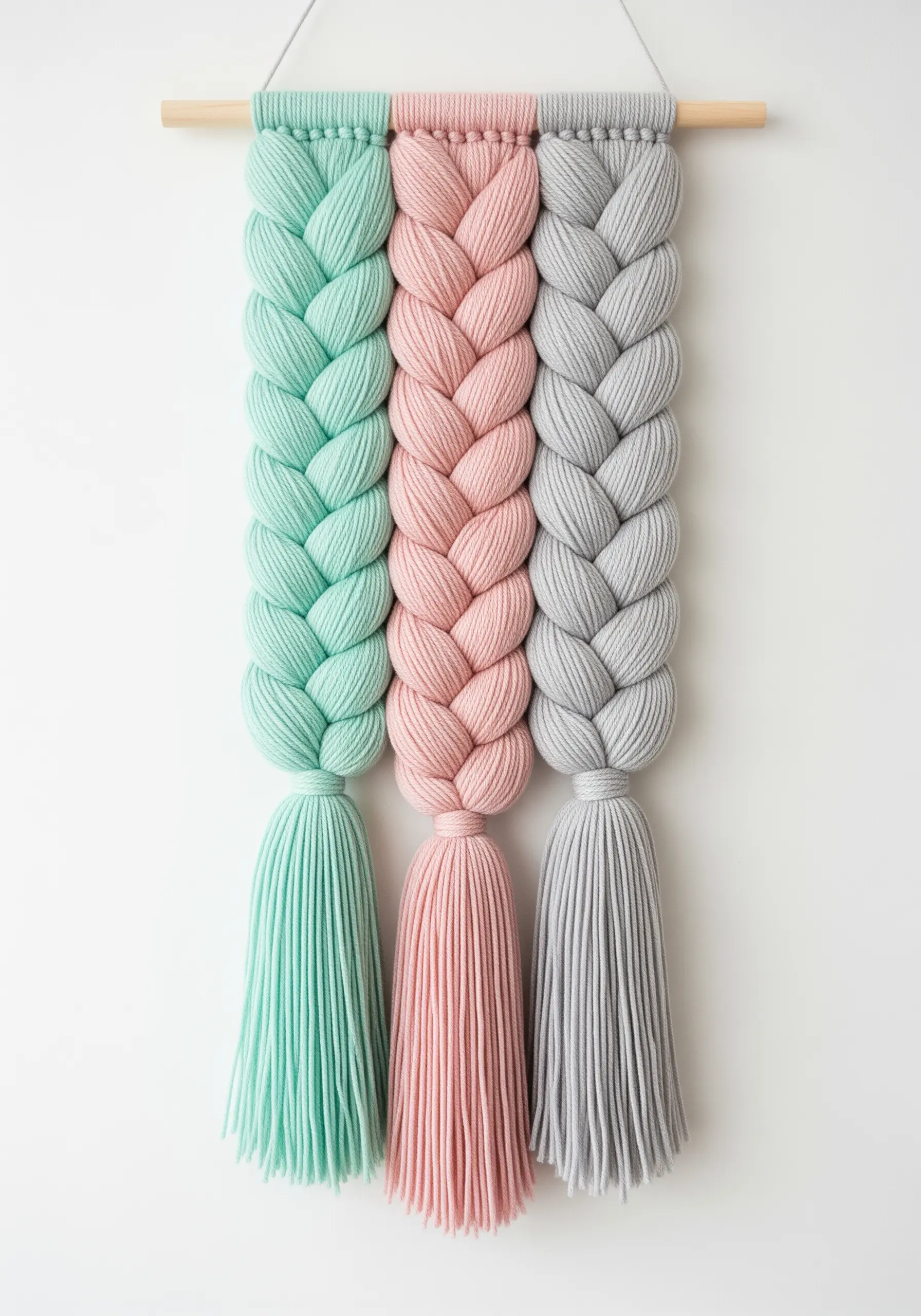 Three giant, chunky braids in mint, pink, and grey yarn, each ending in a large tassel.