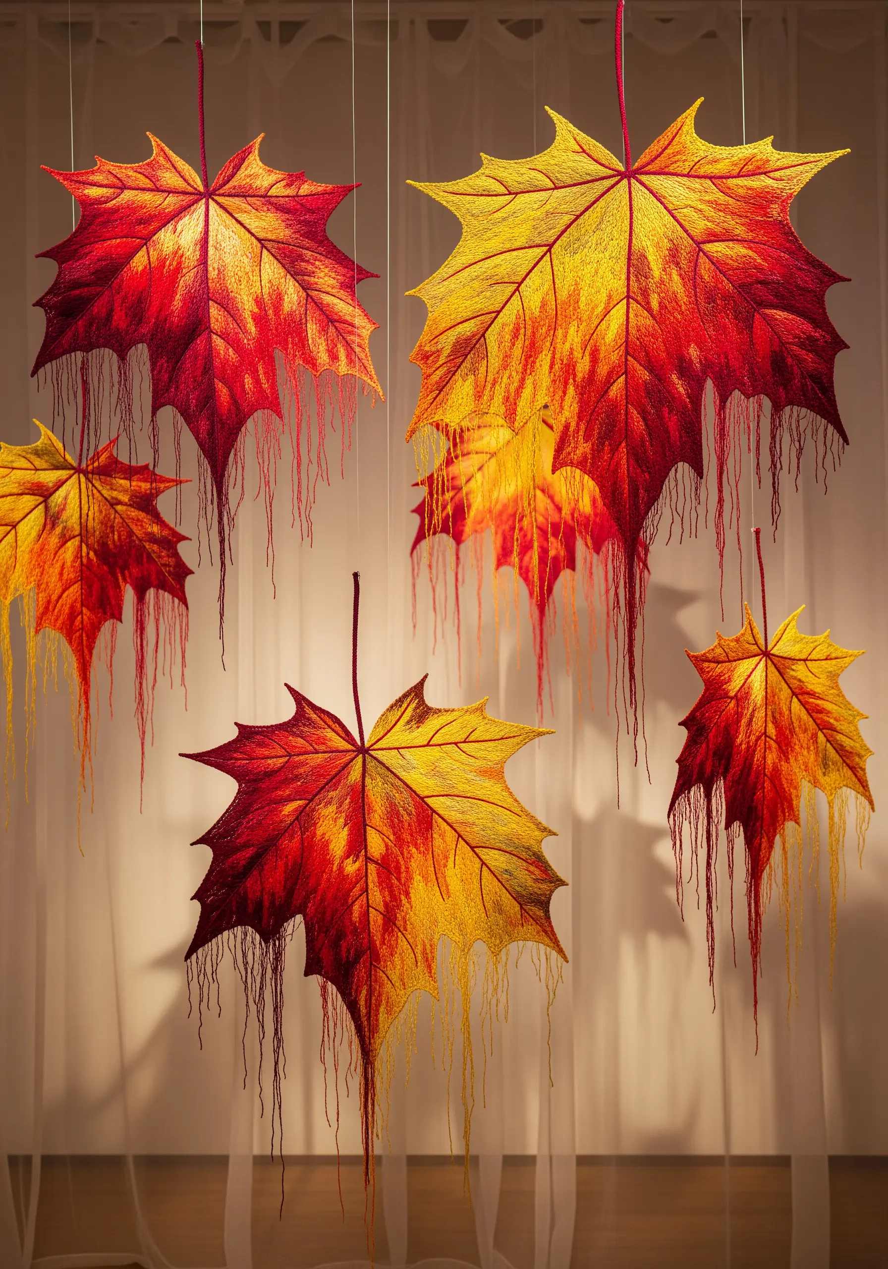 Embroidered autumn leaves hanging as mobiles, with threads dripping from the edges.