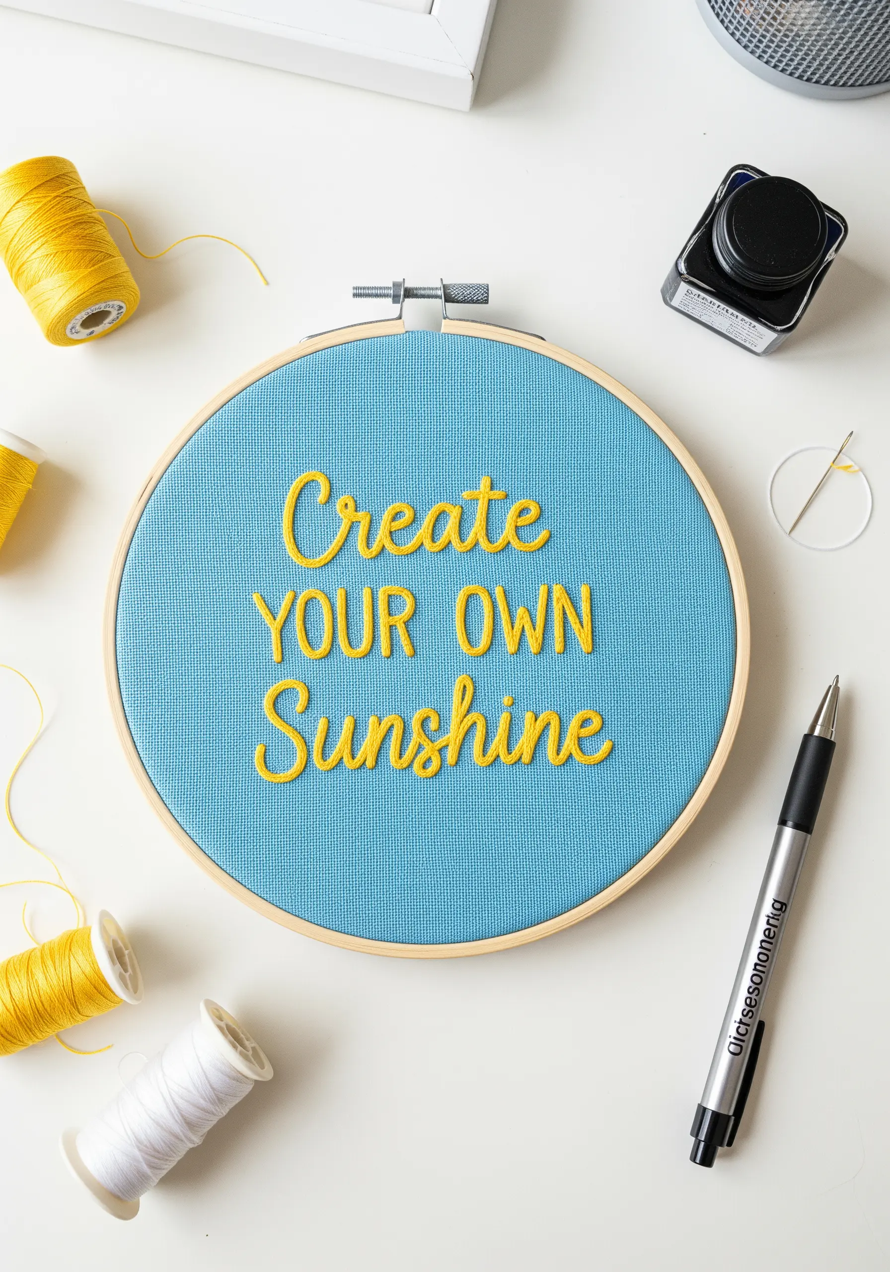 An embroidery hoop with the raised quote 'Create Your Own Sunshine' in yellow padded satin stitch.