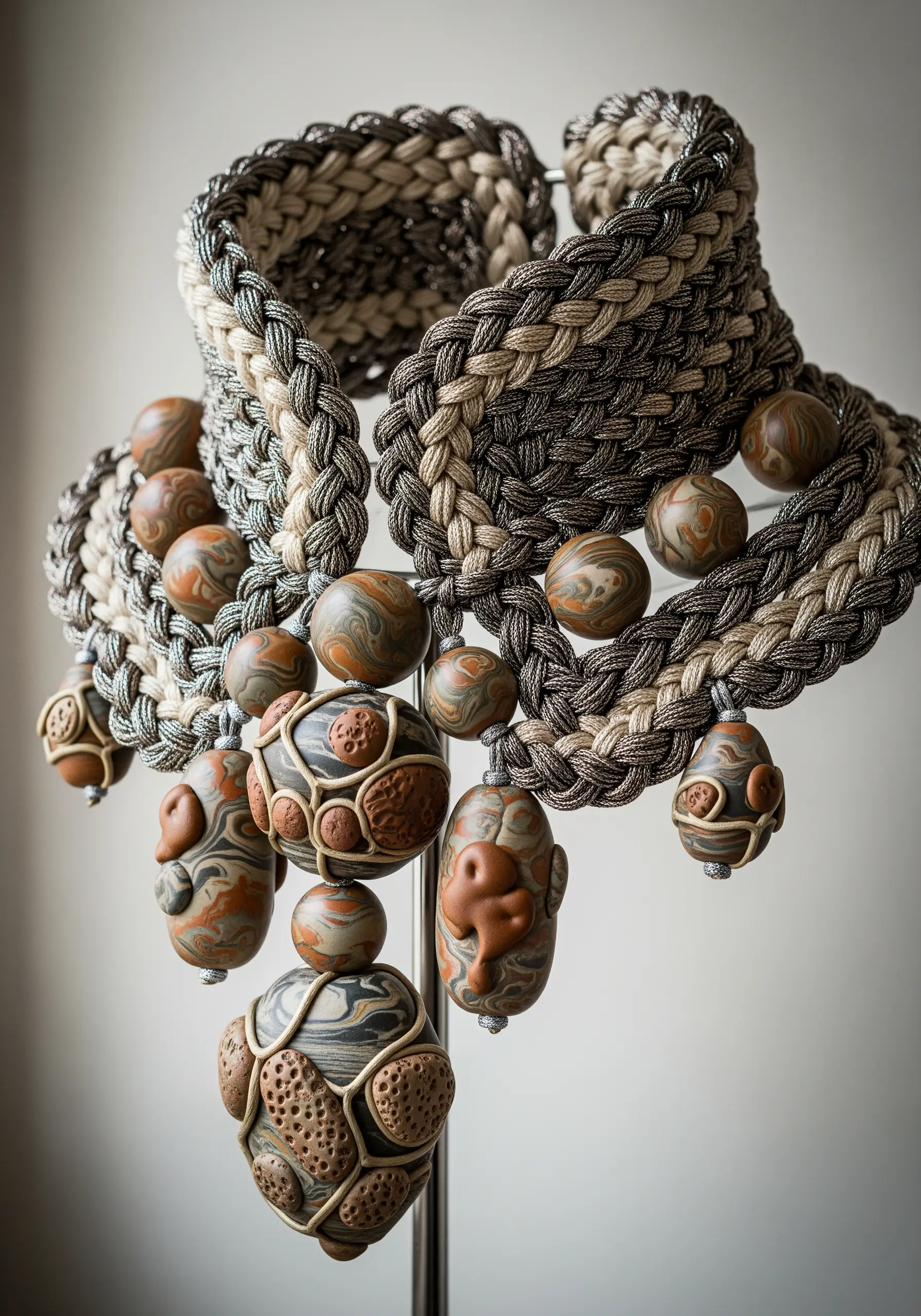 A large statement necklace made from braided cords and decorated with numerous earthy, marbled clay beads.