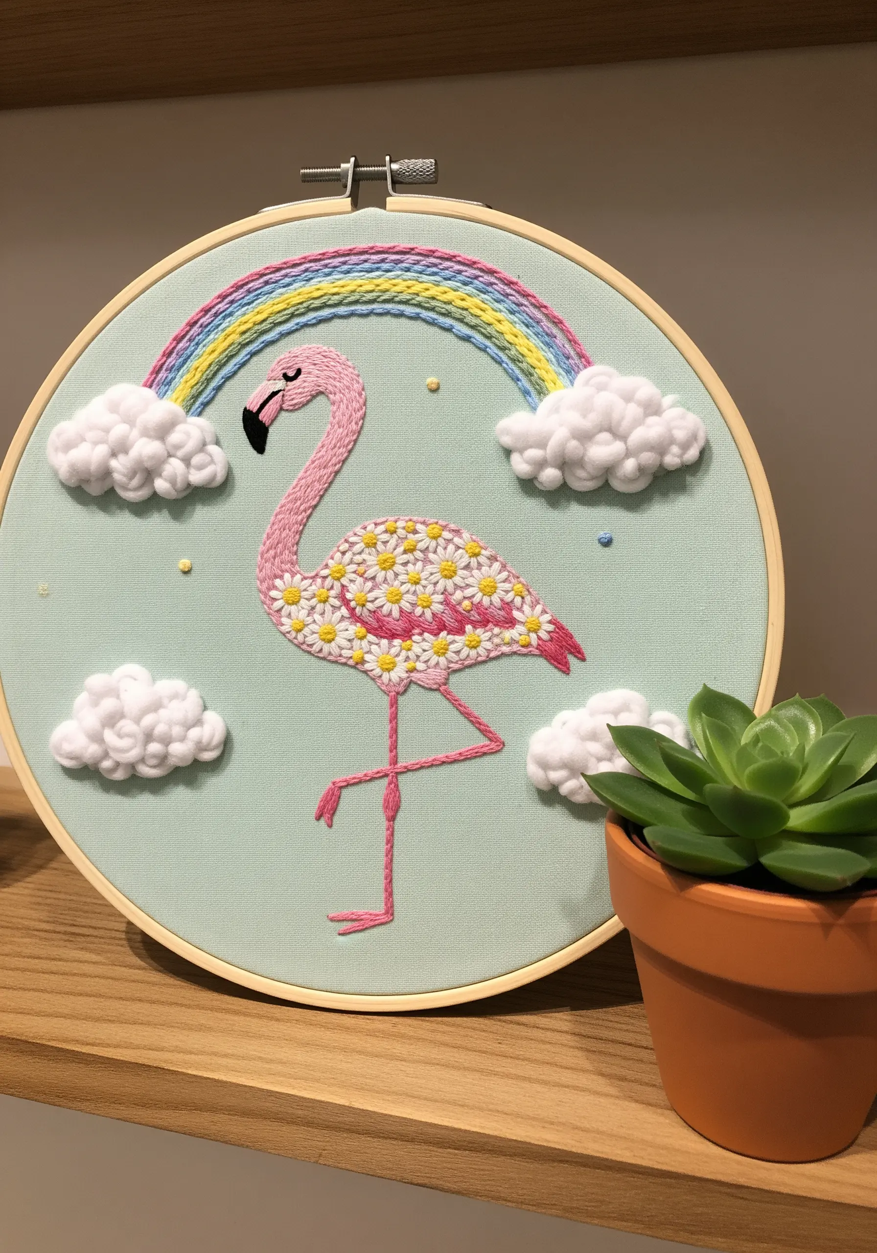 A whimsical flamingo filled with daisies, surrounded by fluffy, 3D embroidered clouds and a rainbow.