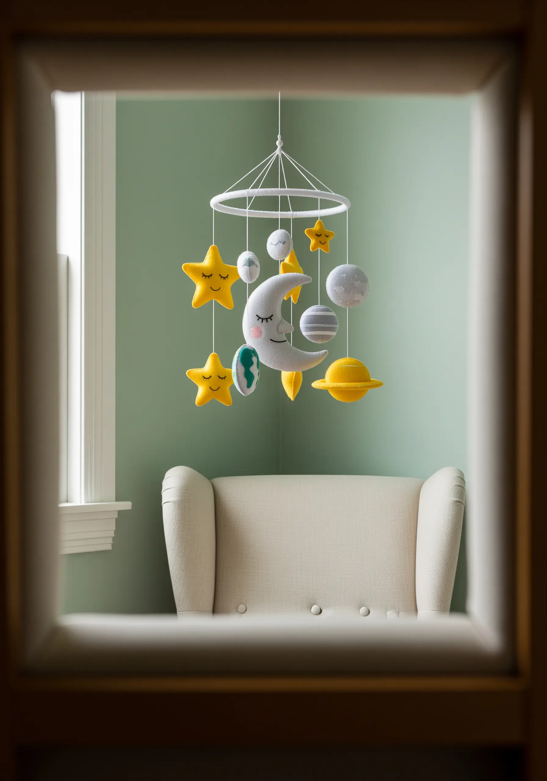A handmade felt baby mobile with a sleeping moon, stars, and planets with embroidered faces.