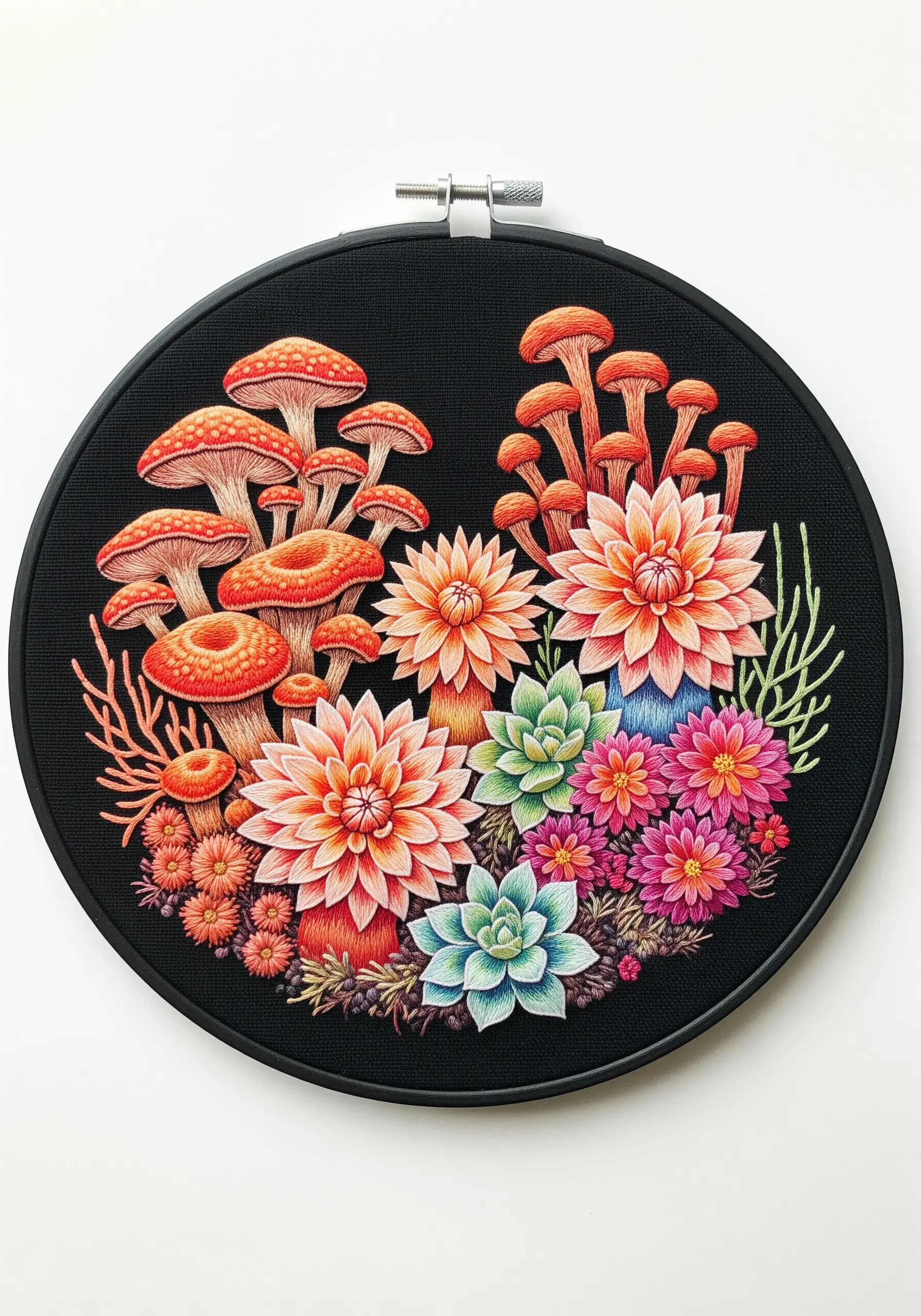 Vibrant embroidery of mushrooms and flowers on black fabric, resembling a colorful coral reef.