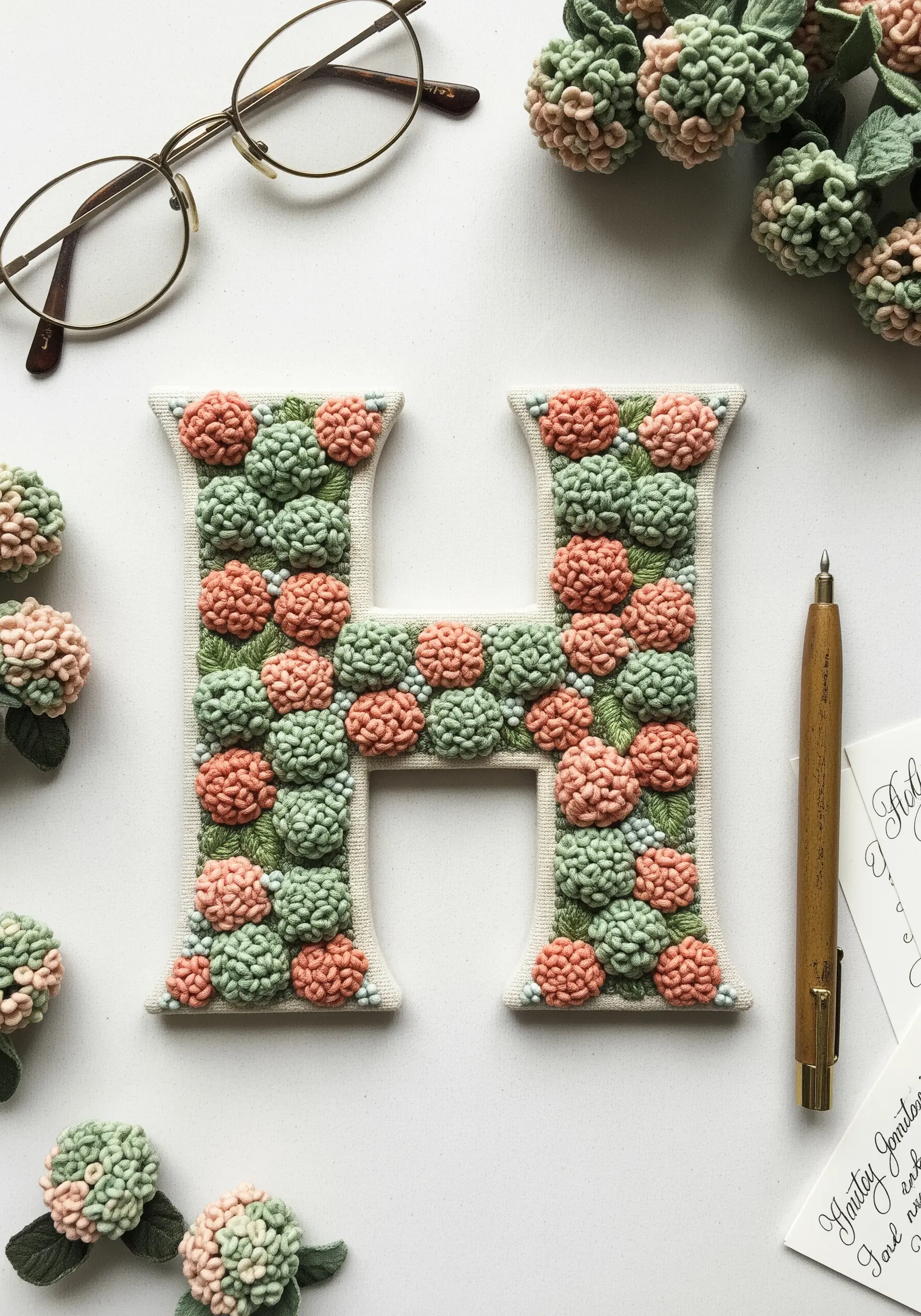 The letter 'H' filled with textured coral and sage green hydrangea clusters.