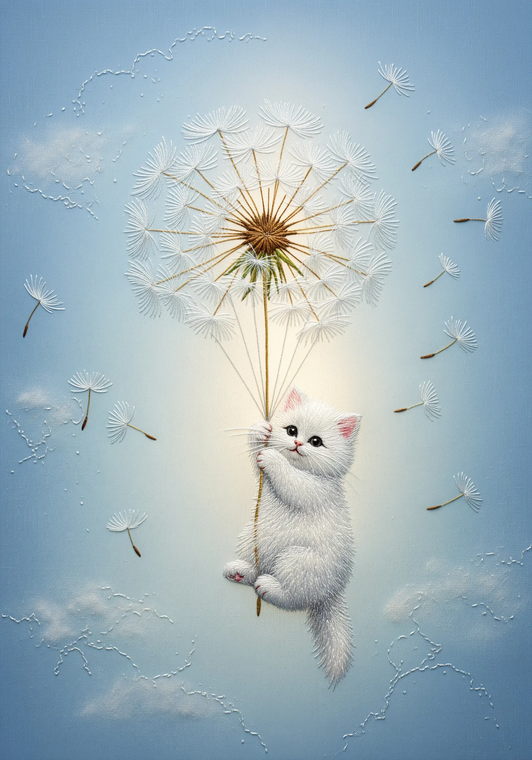 A fluffy white kitten floating through the sky, holding onto a dandelion seed.