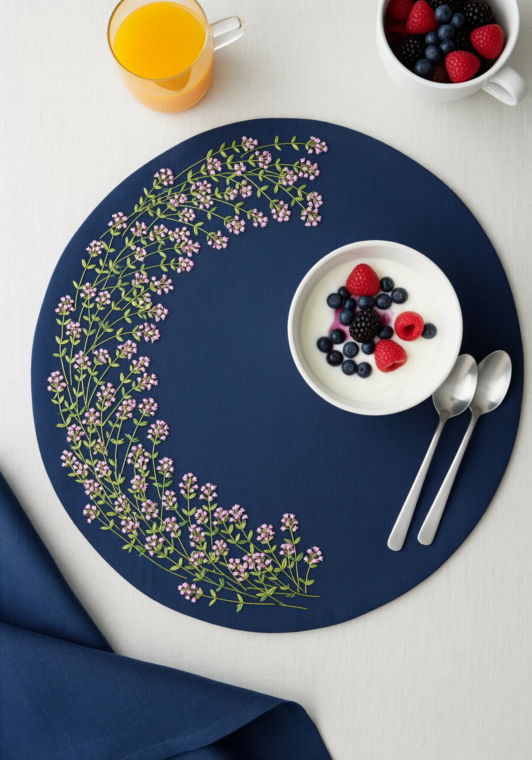 An elegant, curved border of flowering thyme embroidered on a circular blue placemat.