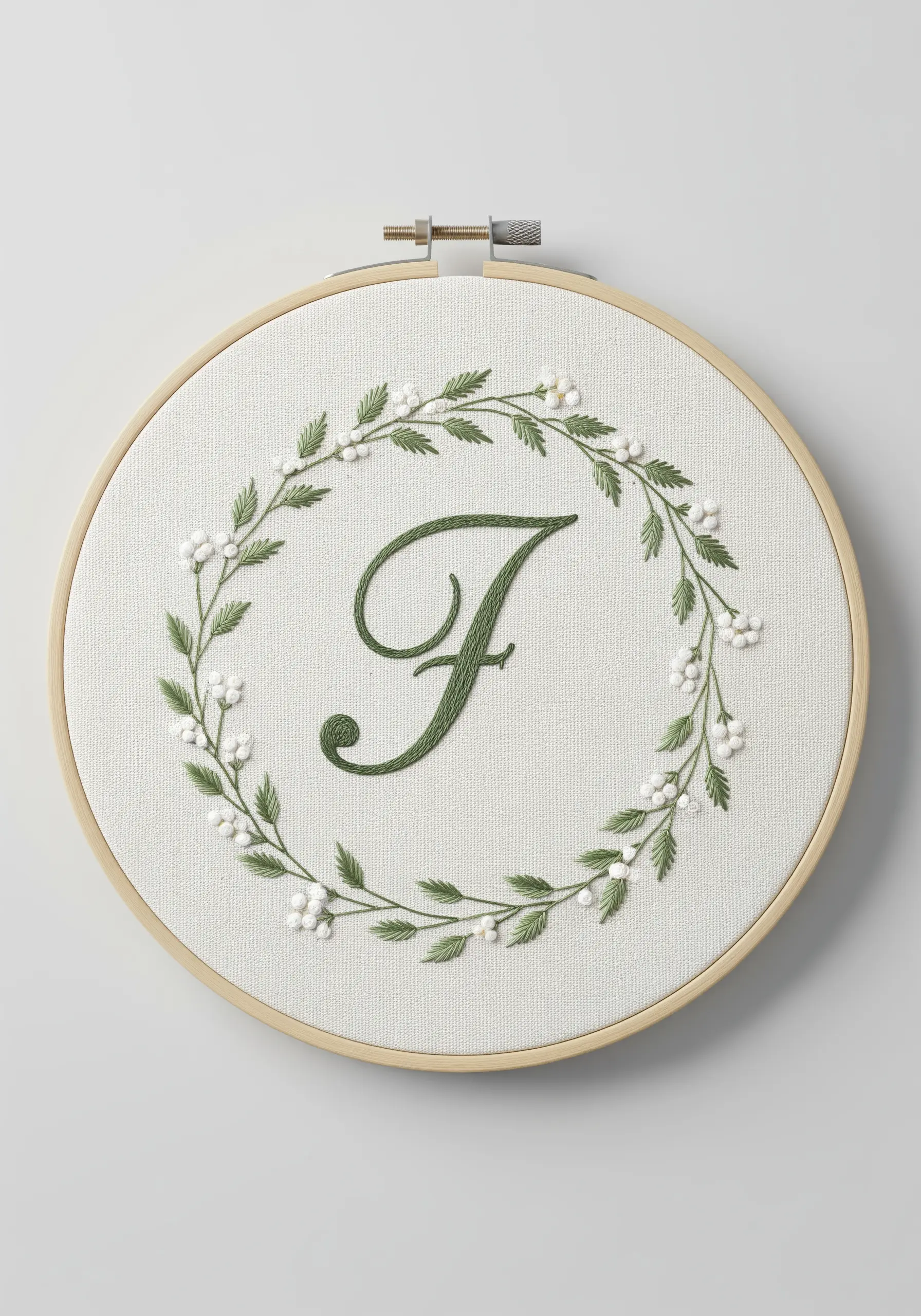 An embroidered green letter 'F' surrounded by a delicate wreath of green leaves and white berries.