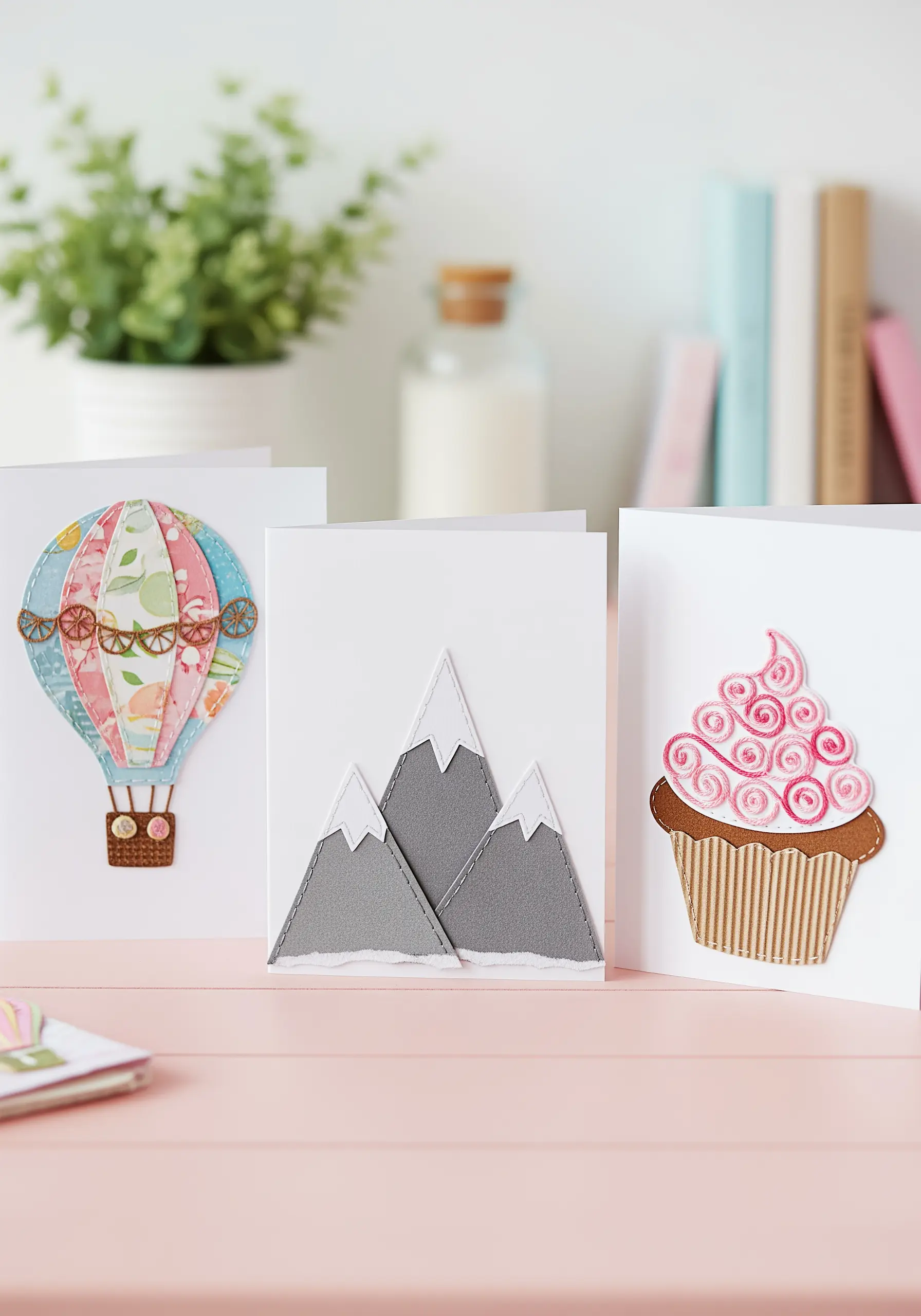 Three handmade greeting cards featuring paper cutouts with stitched edge details.