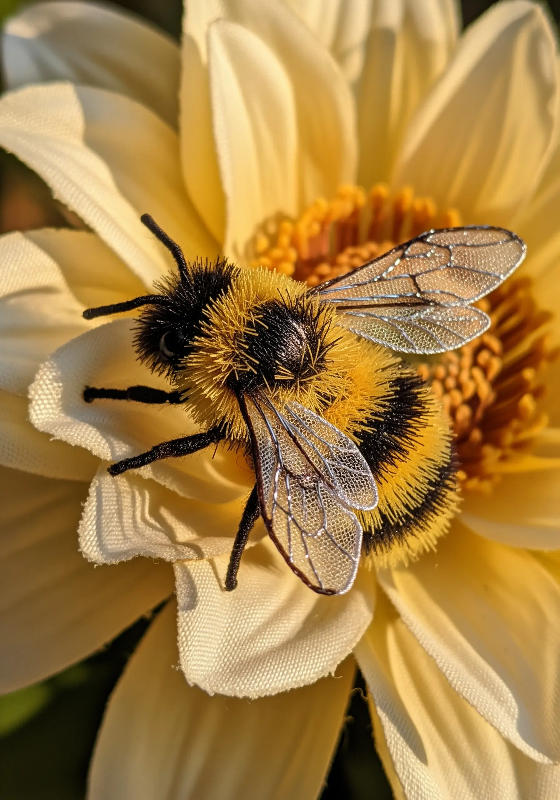 A realistic 3D bee with a fuzzy chenille body and translucent stitched wings on a flower.