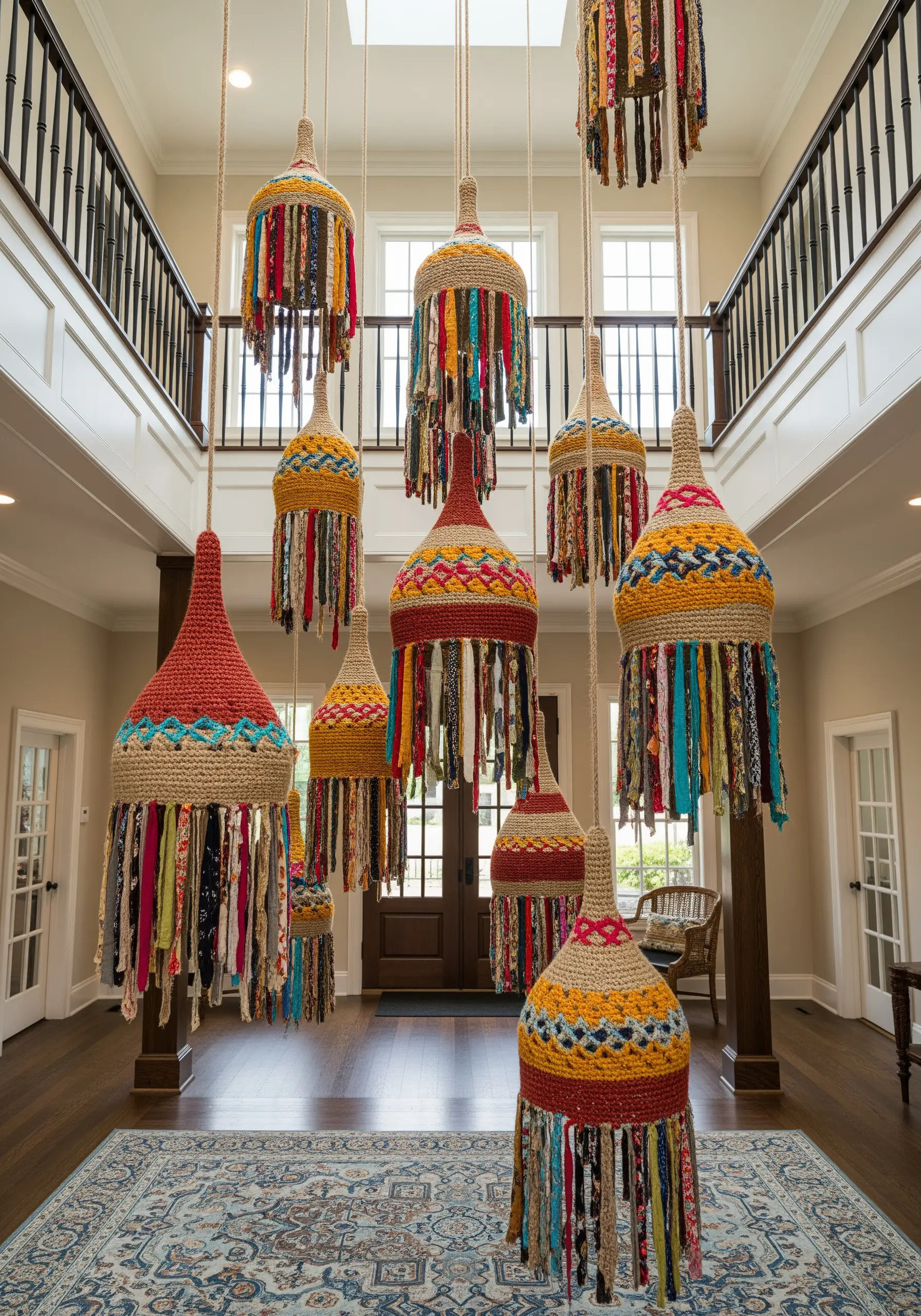 Colorful crocheted and woven lanterns with fabric strip tassels hanging in a large entryway.
