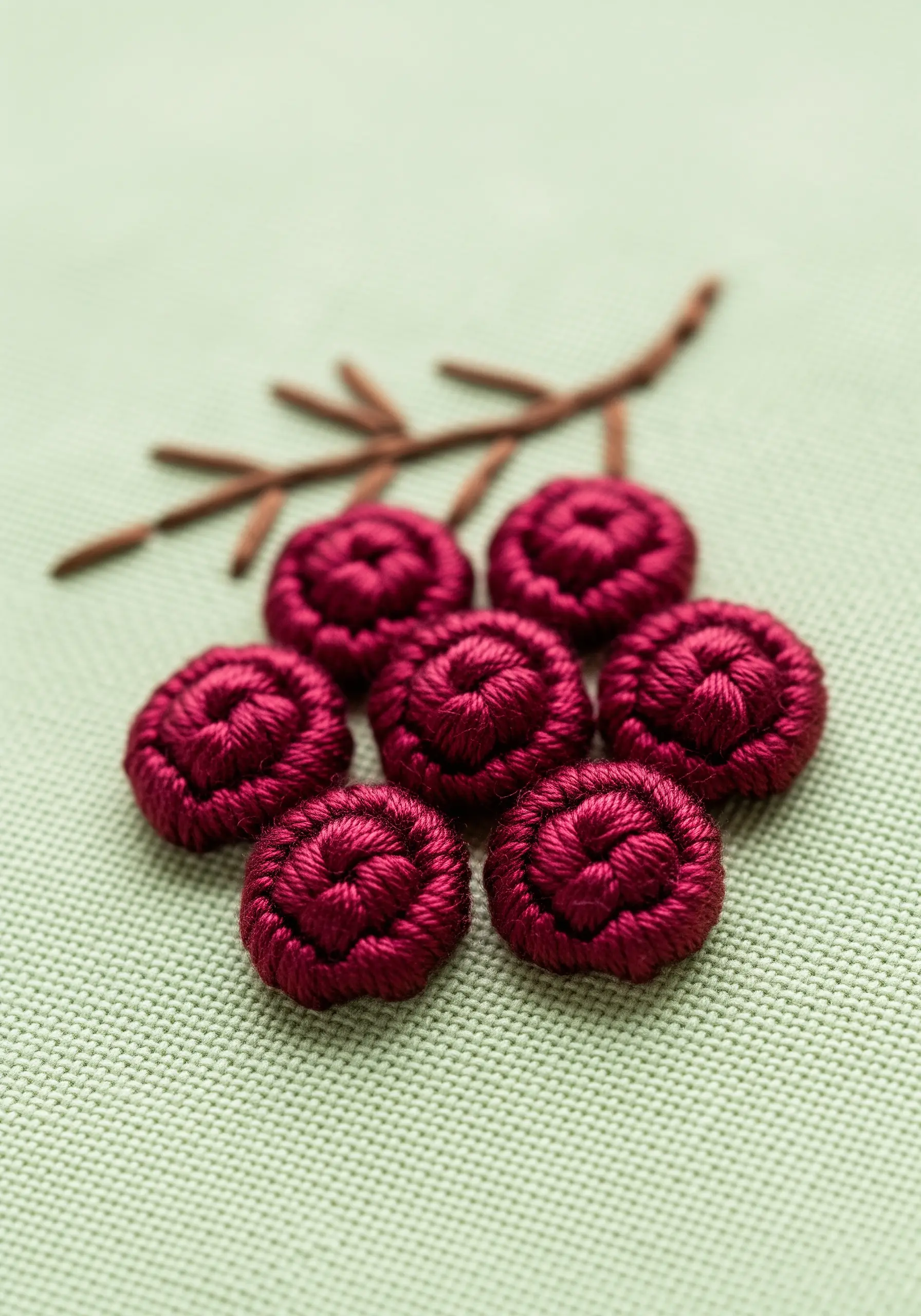 A close-up of several dimensional, magenta-colored berries made with woven picot stitch.