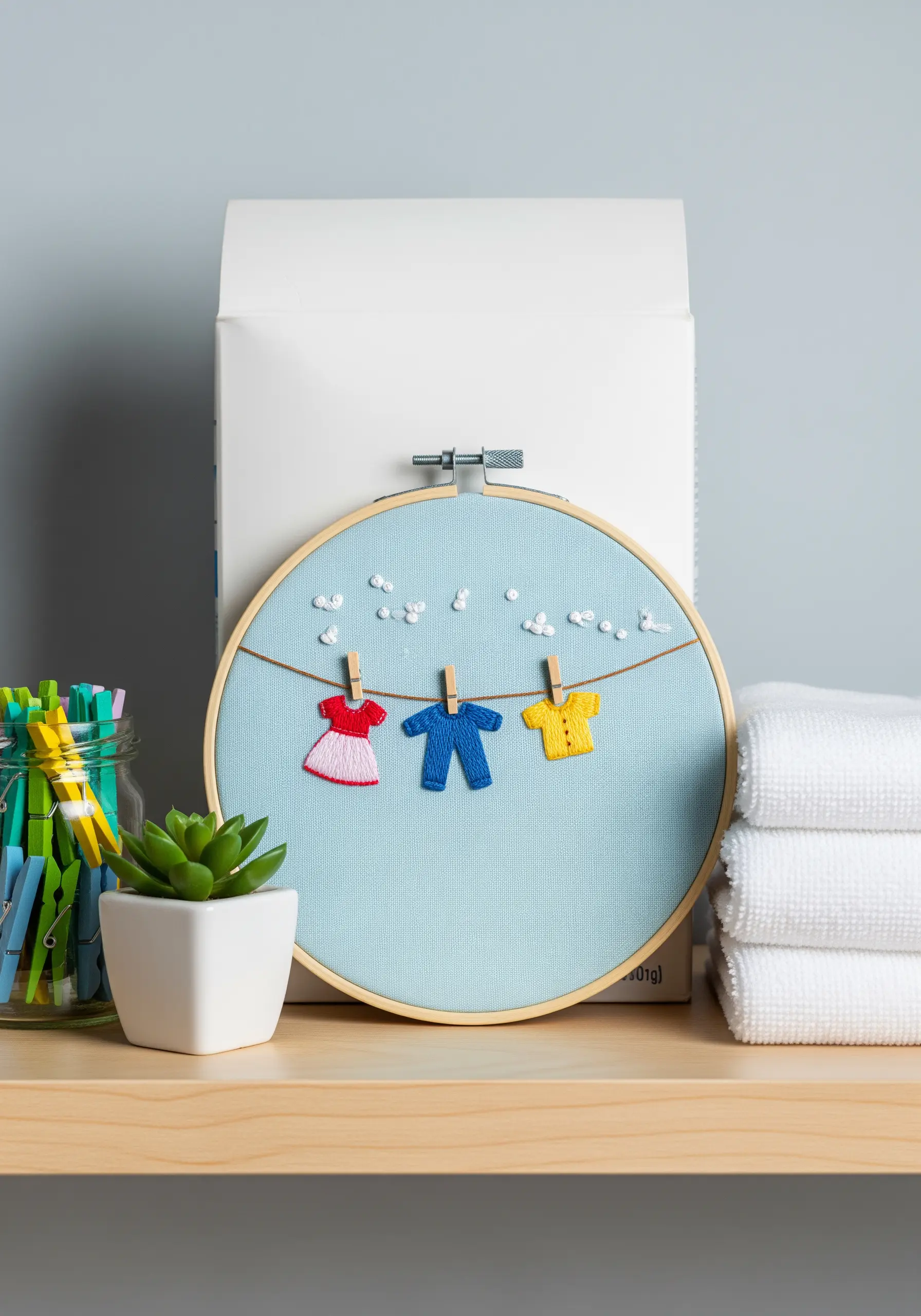 An embroidery hoop with a clothesline and tiny, 3D embroidered clothes hanging from it.