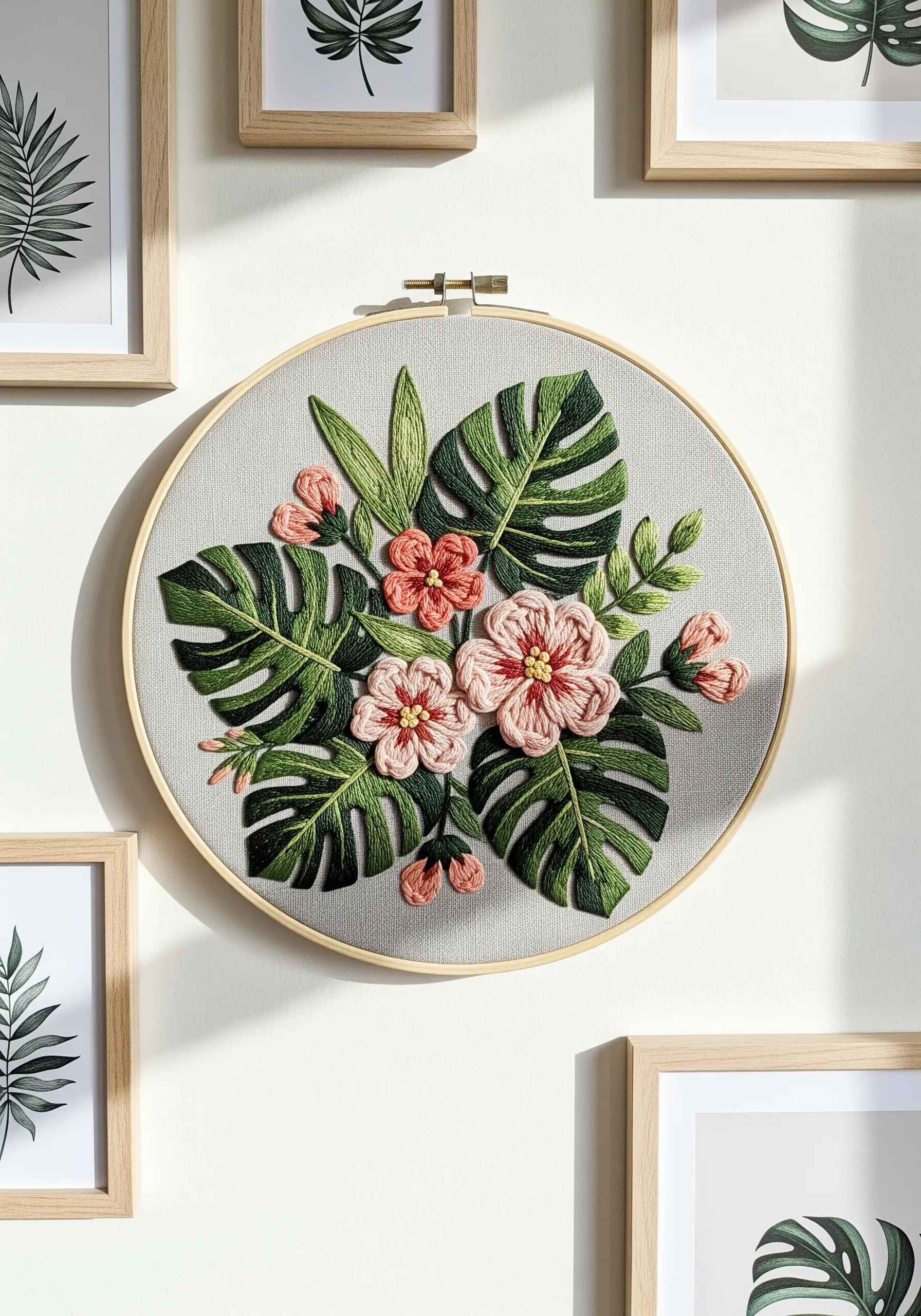 Textured tropical floral hoop art with 3D woven wheel flowers and padded satin stitch leaves.