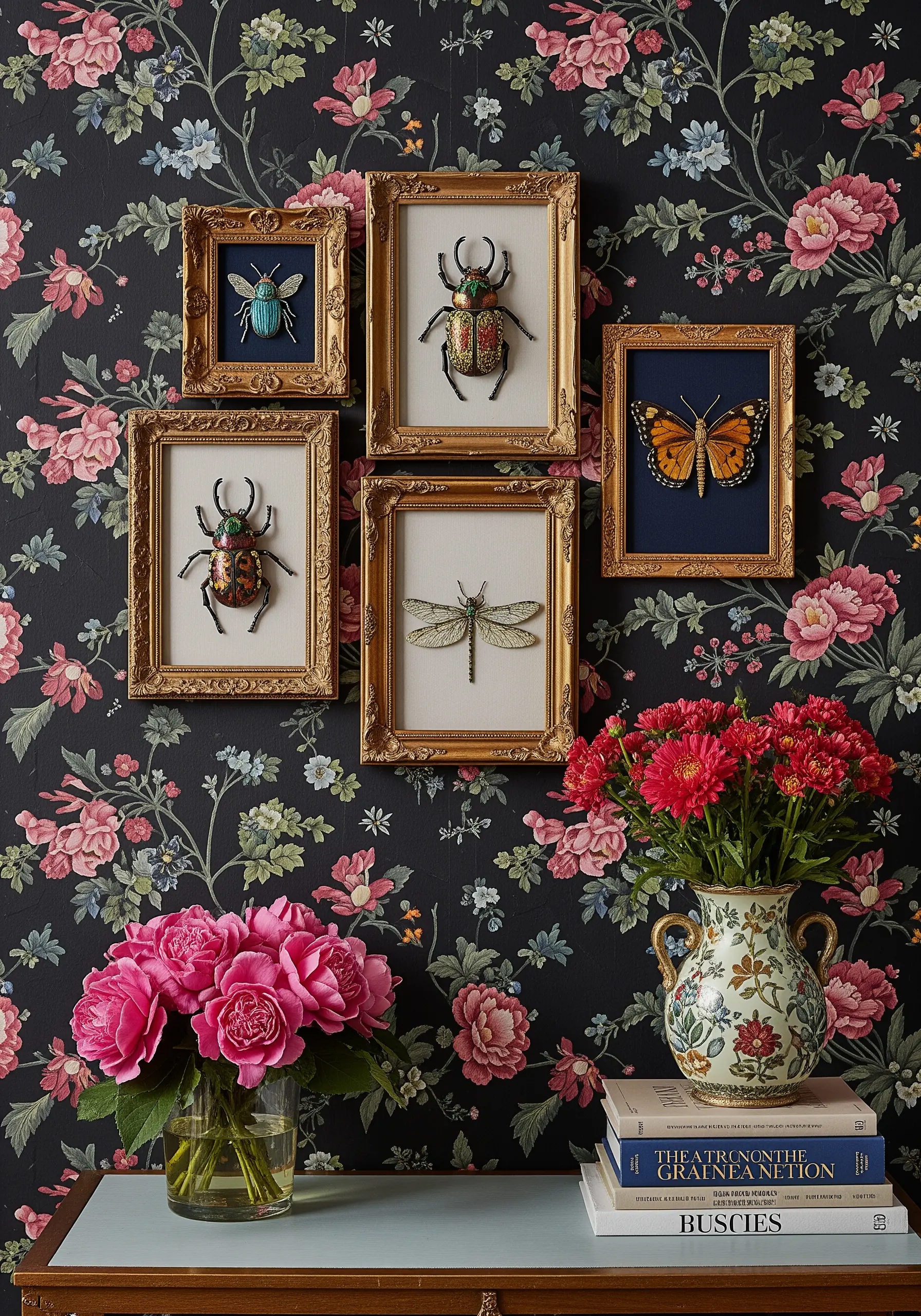 A gallery wall of five framed 3D embroidered insects, including beetles, a dragonfly, and a butterfly.