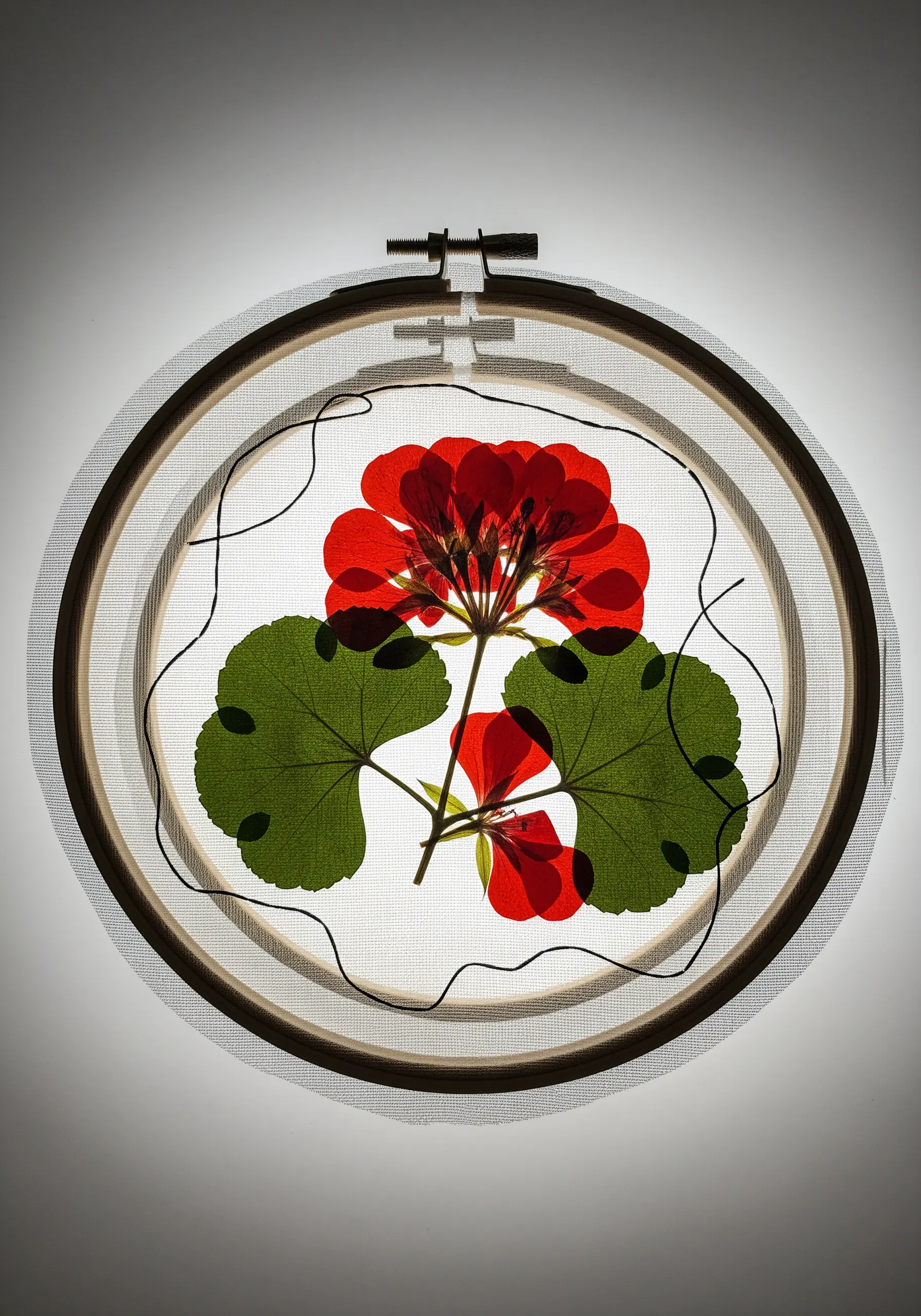 A backlit pressed red geranium held between two layers of sheer fabric in nested hoops.