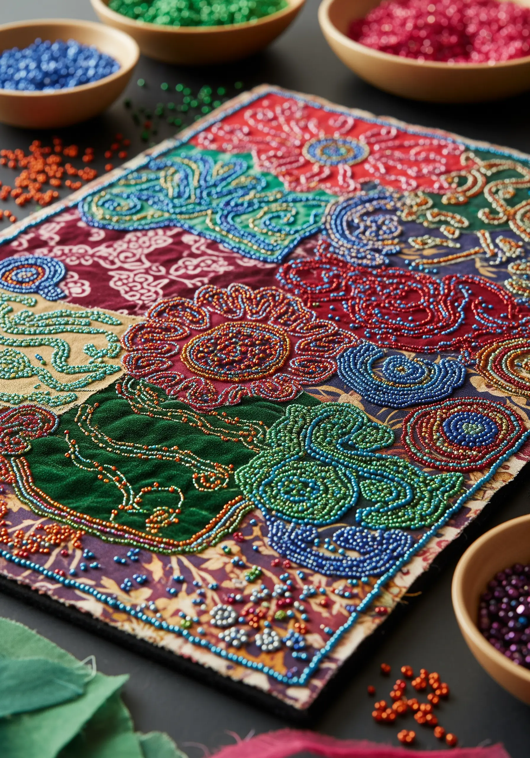 A vibrant, intricate floral pattern on a fabric collage, completely filled in with colorful seed beads.