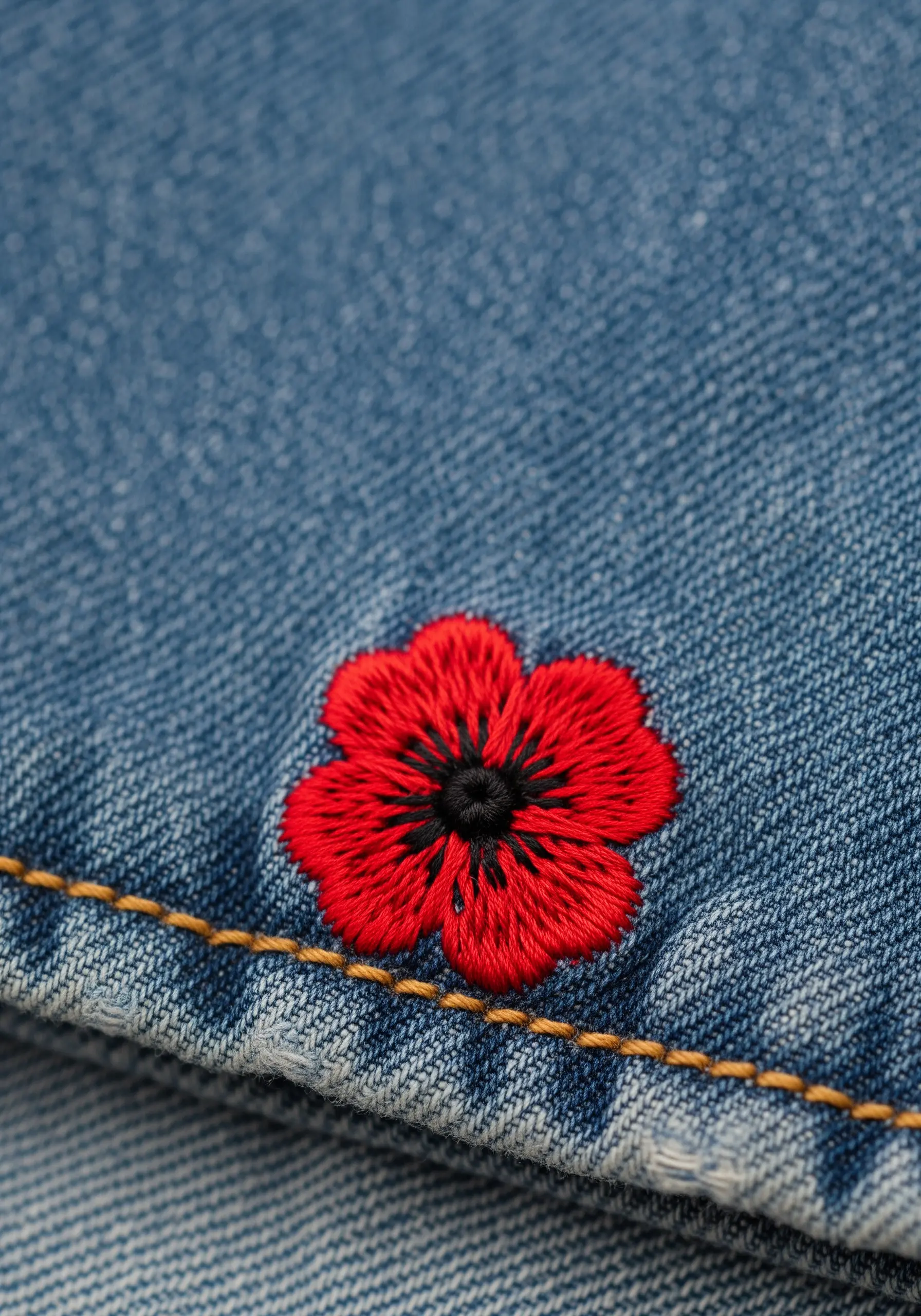A single, vibrant red poppy with a black center stitched on light blue denim.