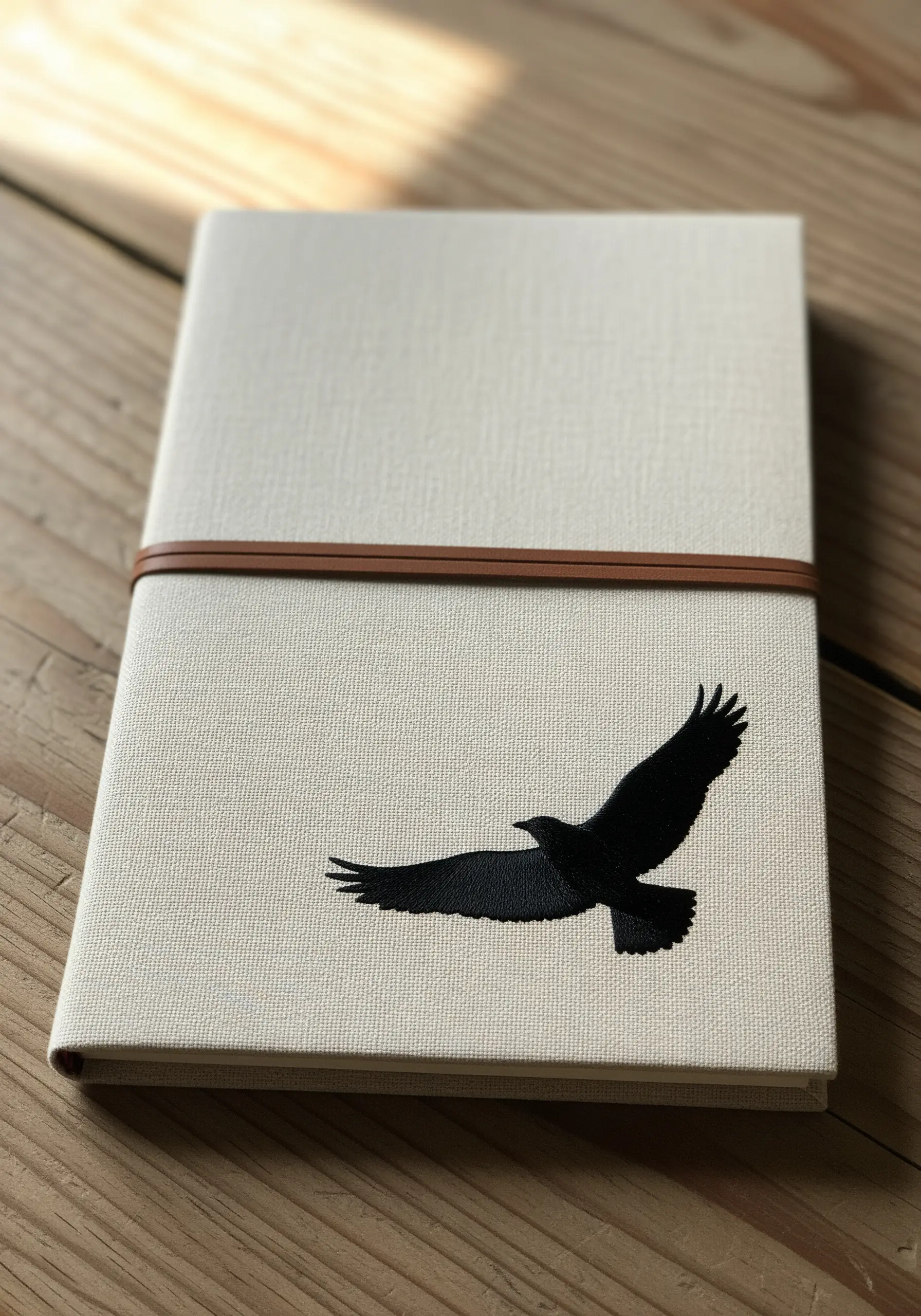 A solid black embroidered silhouette of a soaring bird on a fabric journal cover.