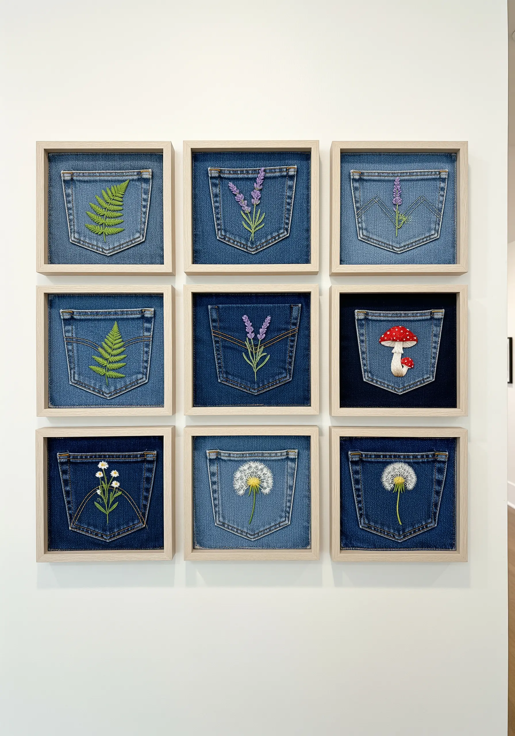 A nine-piece gallery wall of embroidered botanical designs on framed denim pockets.