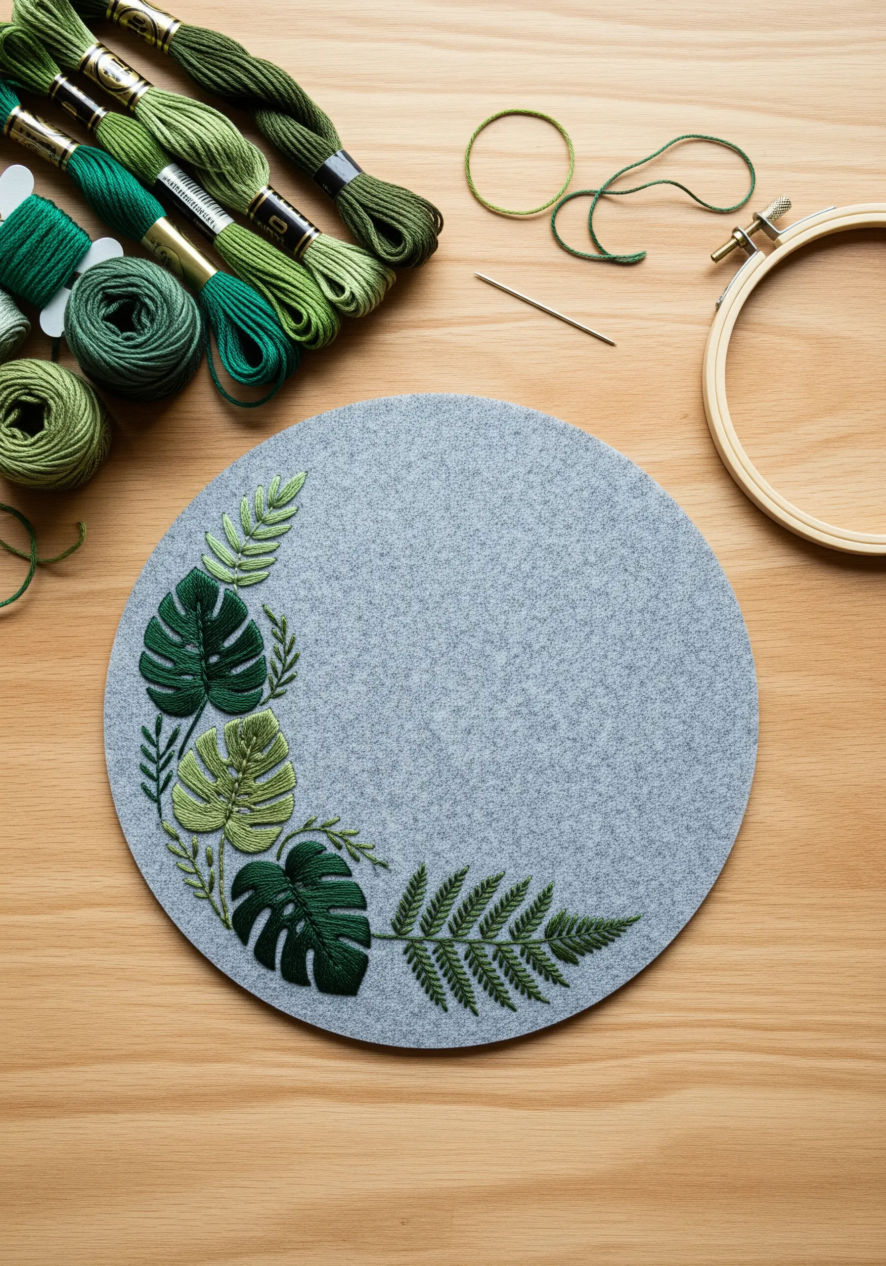 Embroidered monstera and fern leaves on a round grey felt desk mat.