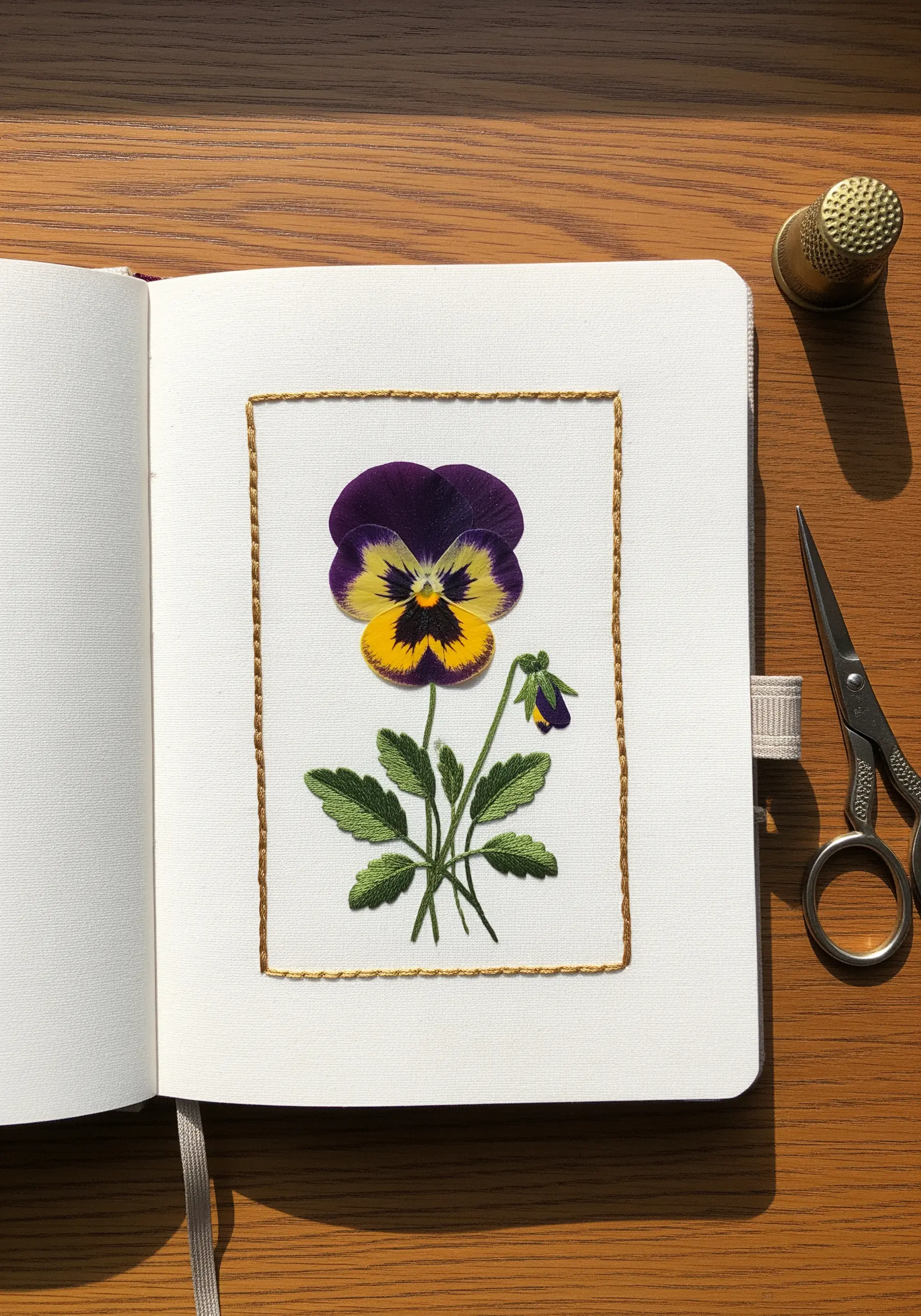 A pressed pansy with an embroidered stem and leaves on a journal page.